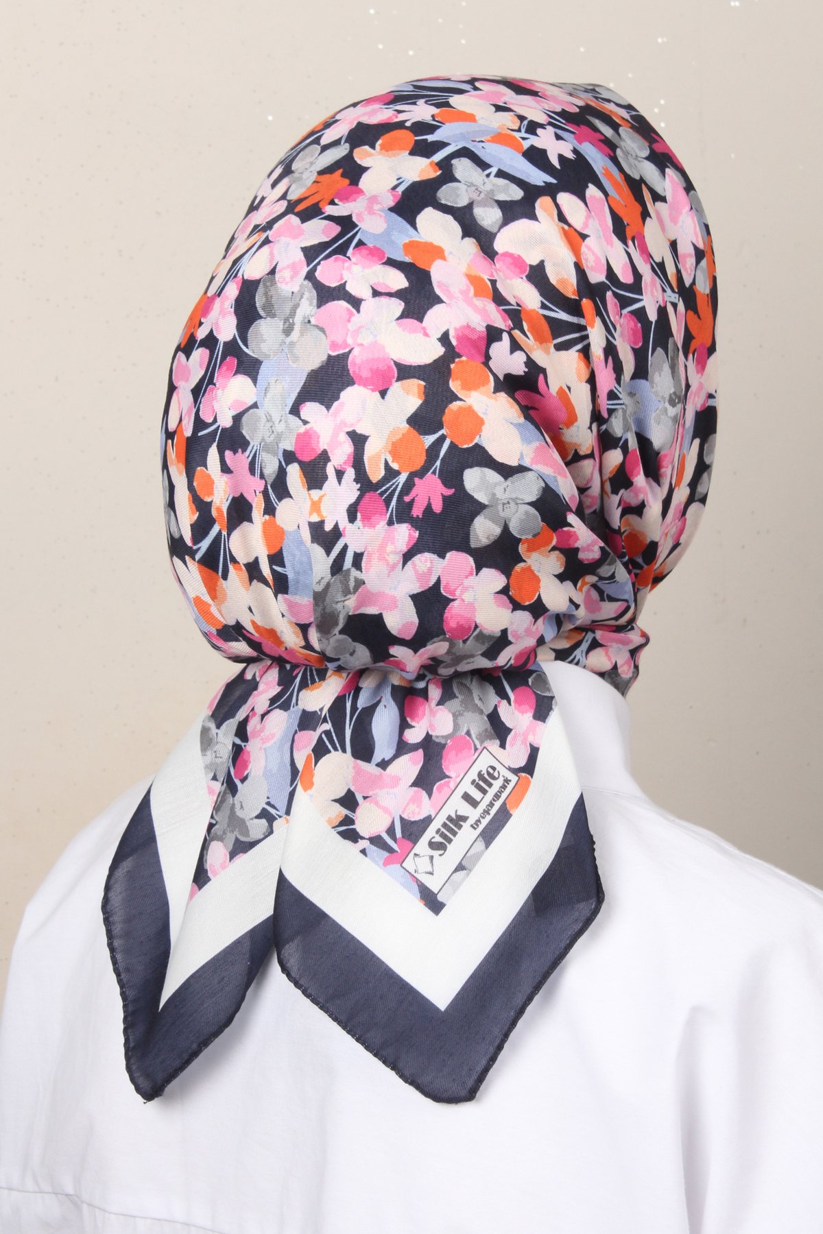 Silk Life Soft Pamuk Eşarp 4131-8 Lacivert Pembe 