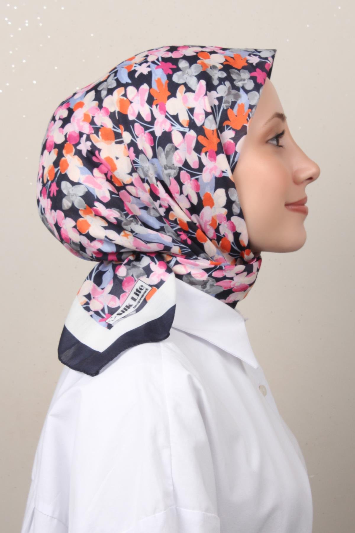 Silk Life Soft Pamuk Eşarp 4131-8 Lacivert Pembe 