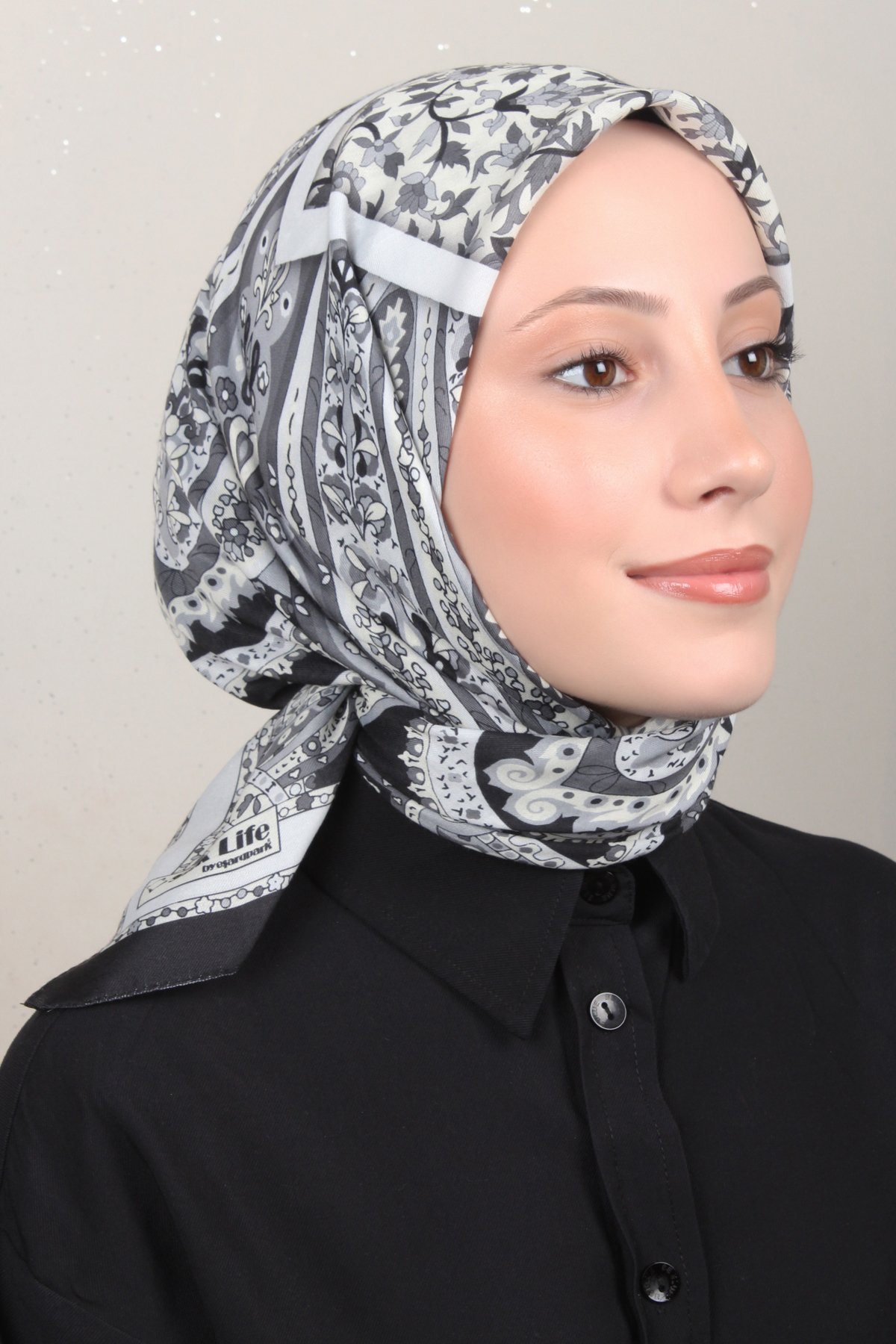 Silk Lotus Eşarp 4127-7 Siyah Gri 