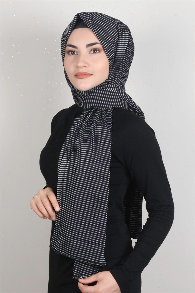 Simli Likralı Şal 608-1 Siyah