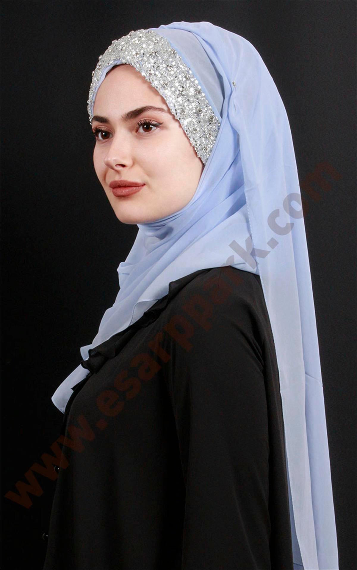 Taşlı Bone Şal 2804-1 Bebe Mavisi