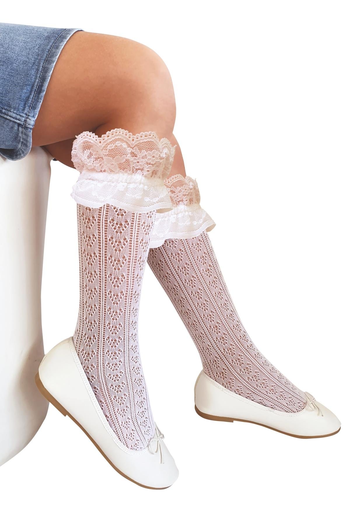 Orietta File Dantelli Çocuk Dizaltı Çorap BEYAZ