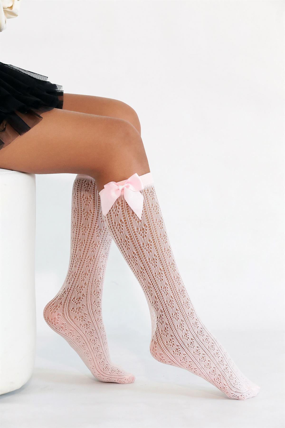 Orietta Fiyonklu Çocuk Dizaltı Çorap PEMBE