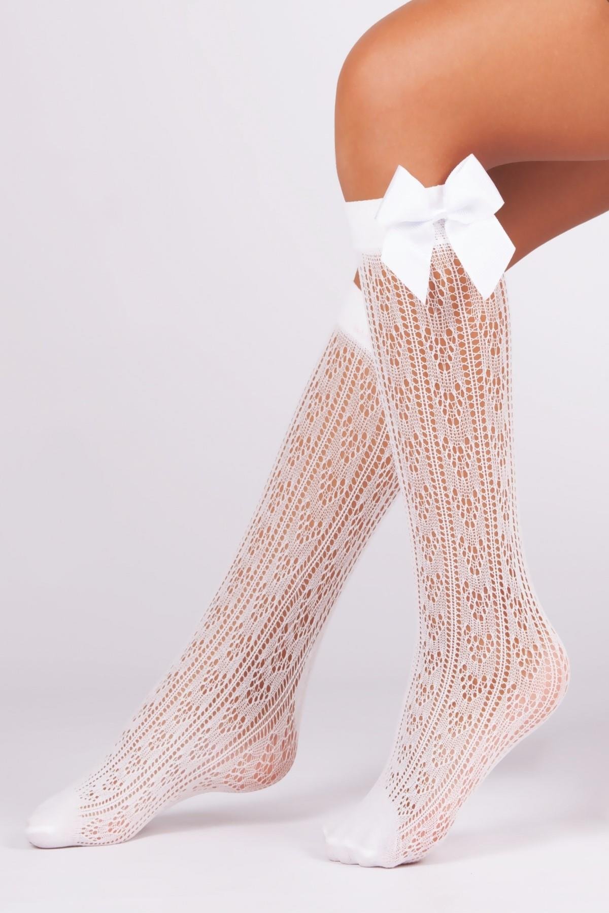 Orietta Fiyonklu Çocuk Dizaltı Çorap BEYAZ