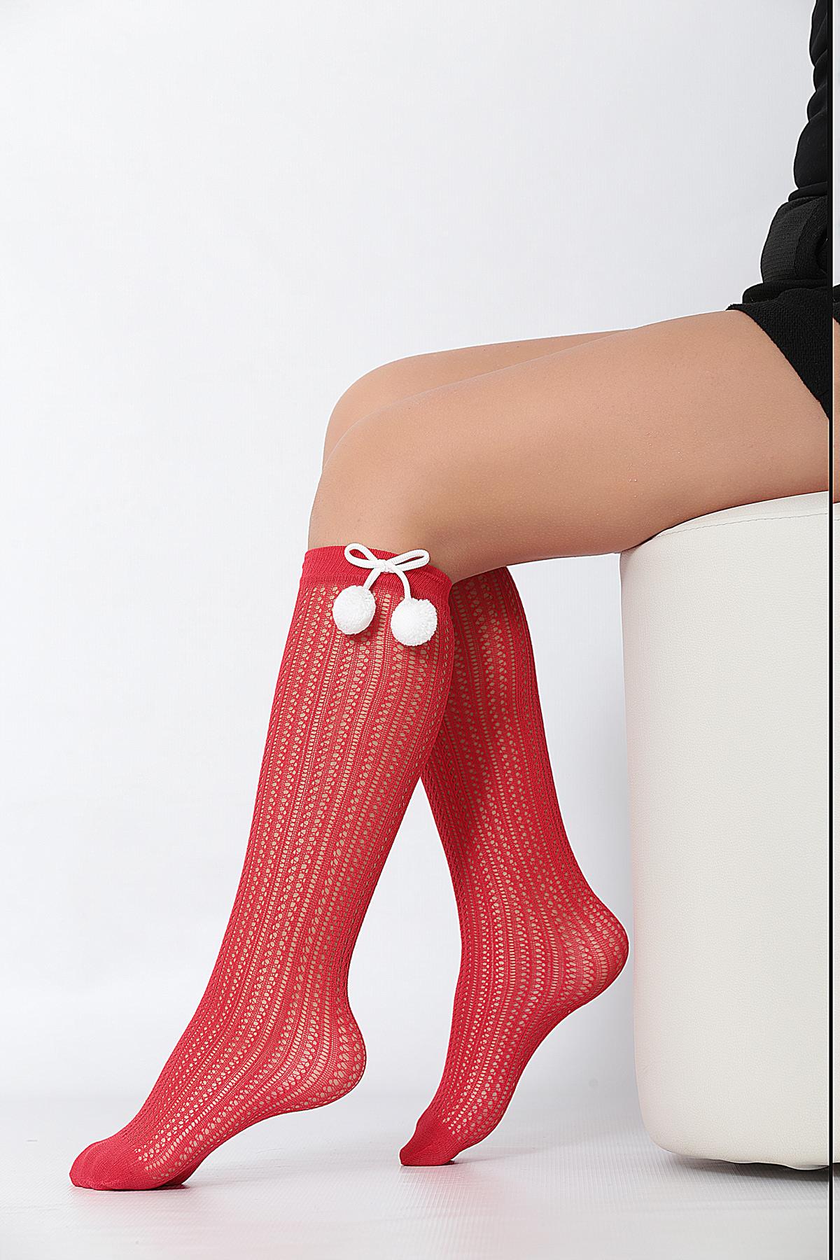 Peri Ponponlu File Çocuk Dizaltı Çorap KIRMIZI