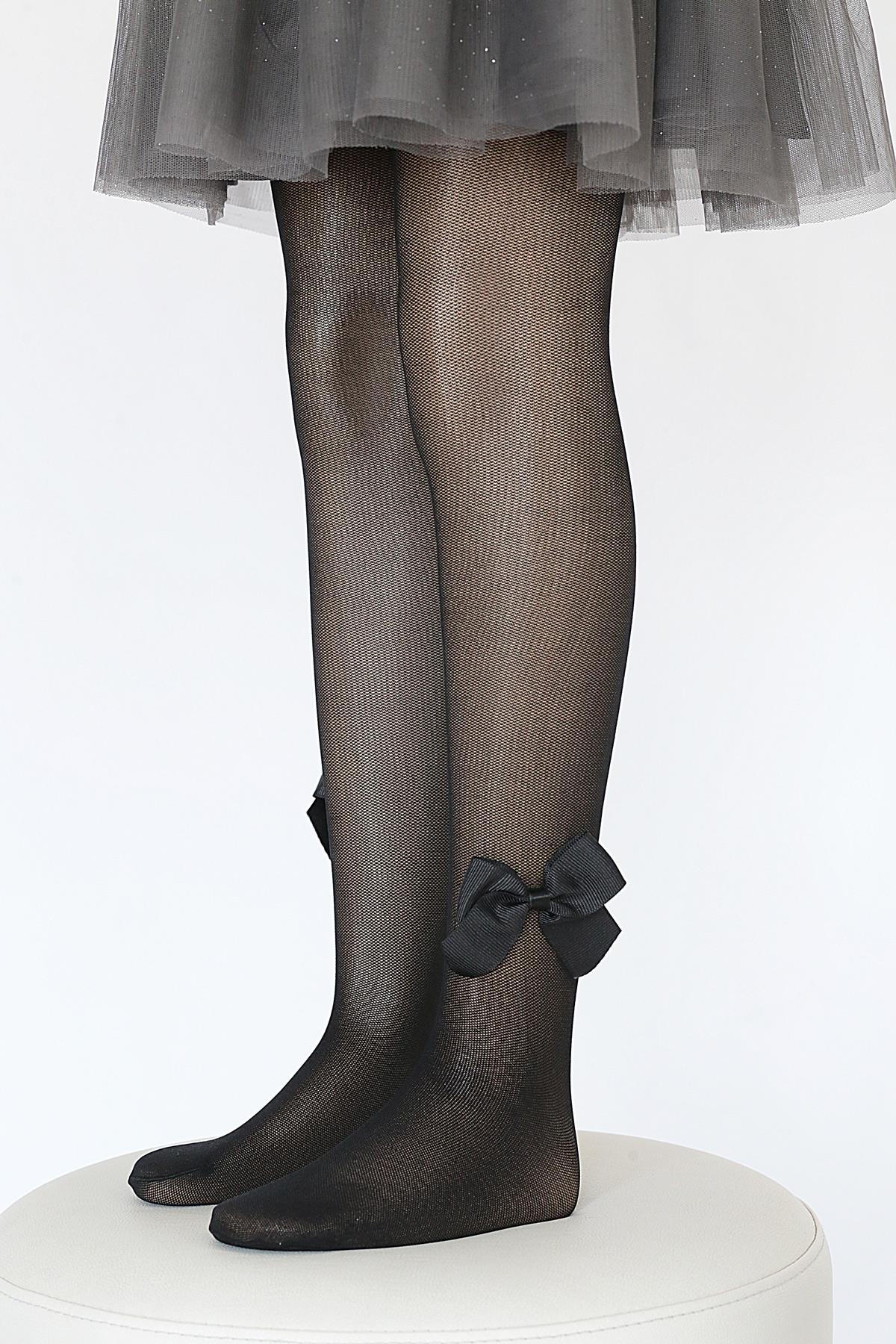 Tül File Fiyonklu Çocuk Külotlu Çorap  SİYAH