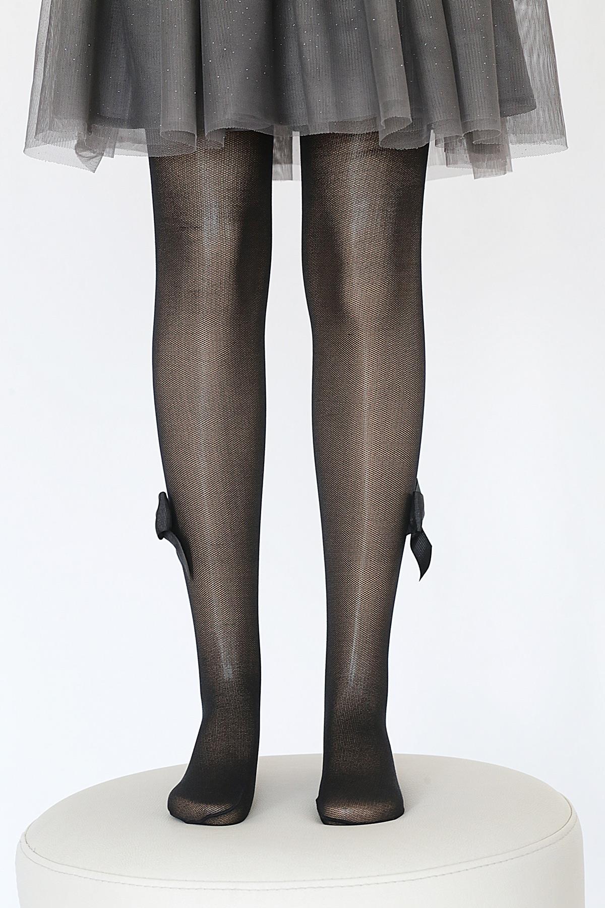 Tül File Fiyonklu Çocuk Külotlu Çorap  SİYAH