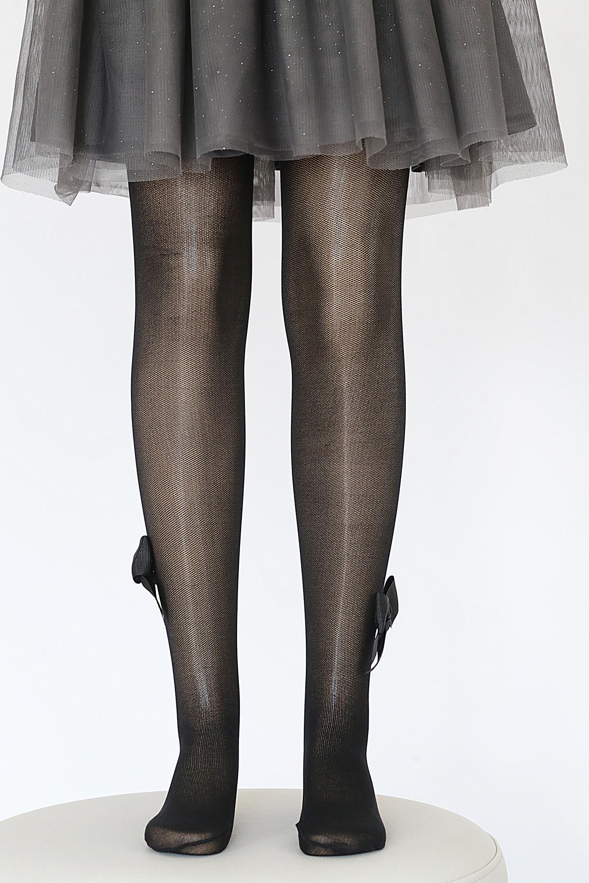 Tül File Fiyonklu Çocuk Külotlu Çorap  SİYAH