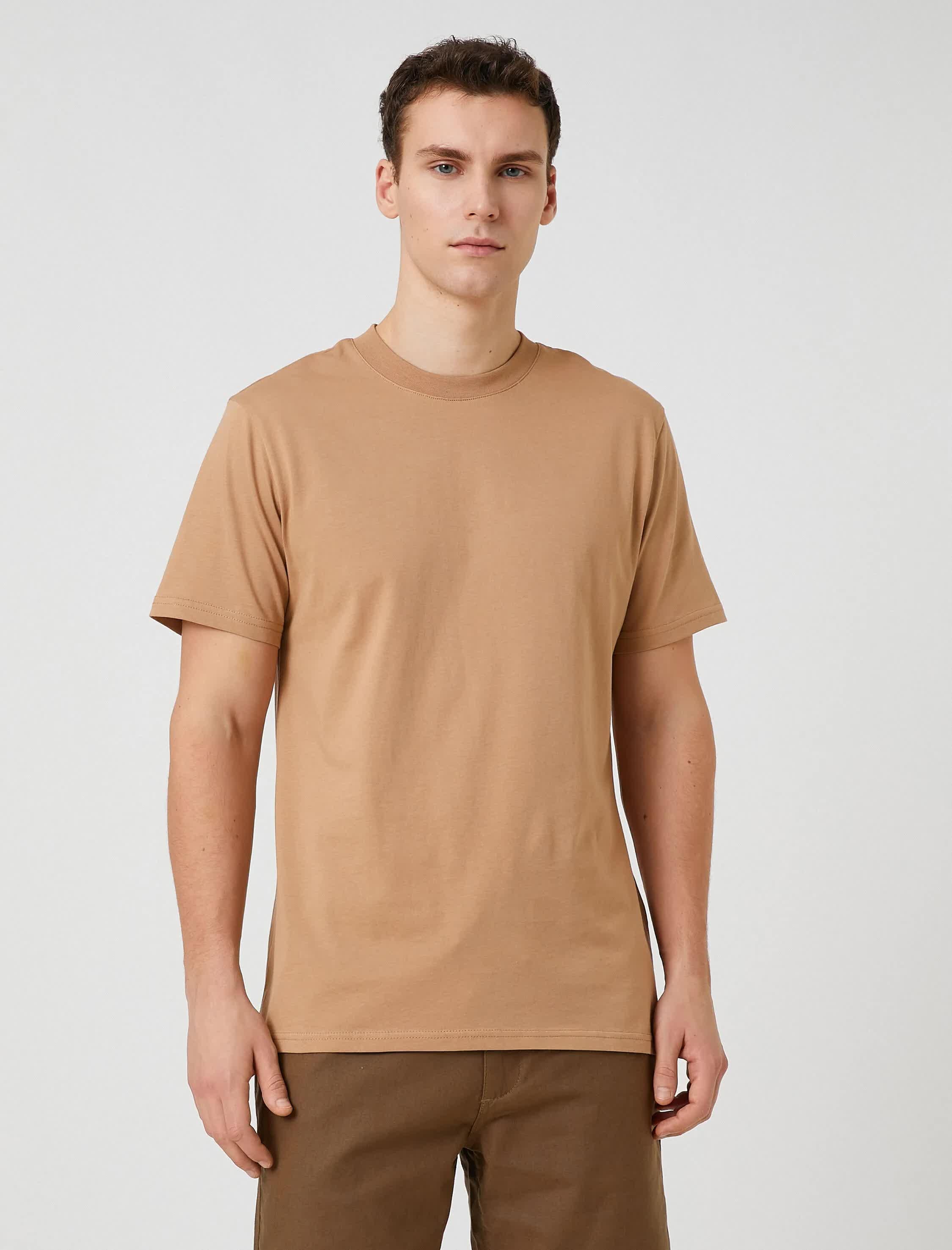 Bej Erkek Basic Tişört Bisiklet Yaka Kısa Kollu