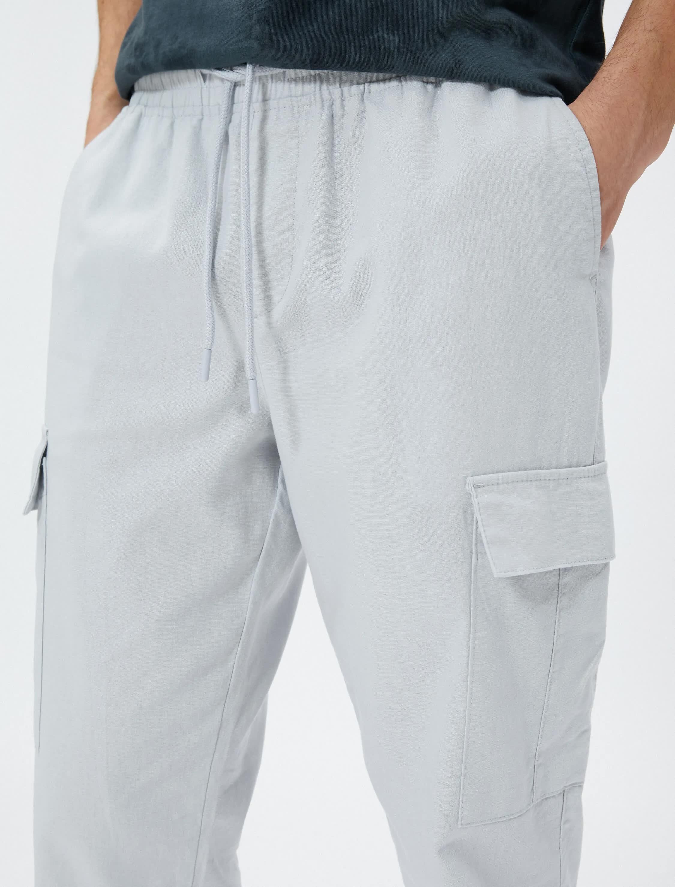 Gri Erkek Keten Karışım Jogger Kargo Pantolon