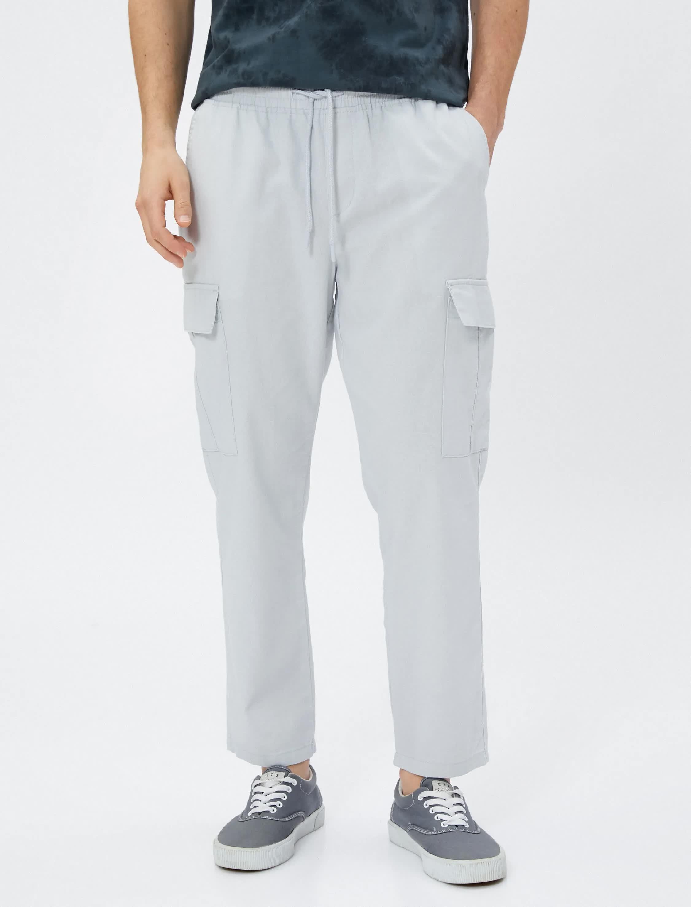 Gri Erkek Keten Karışım Jogger Kargo Pantolon