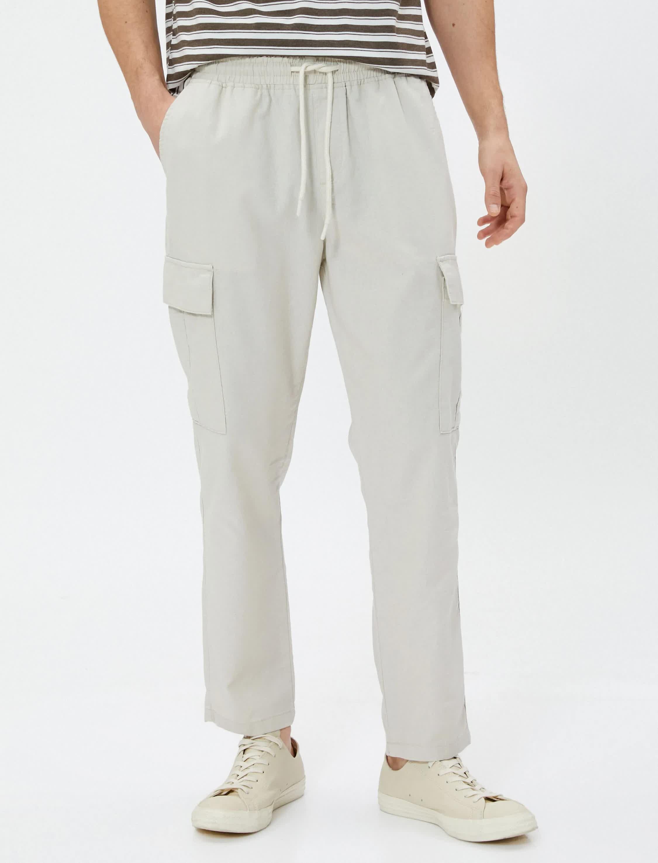Bej Erkek Keten Karışım Jogger Kargo Pantolon