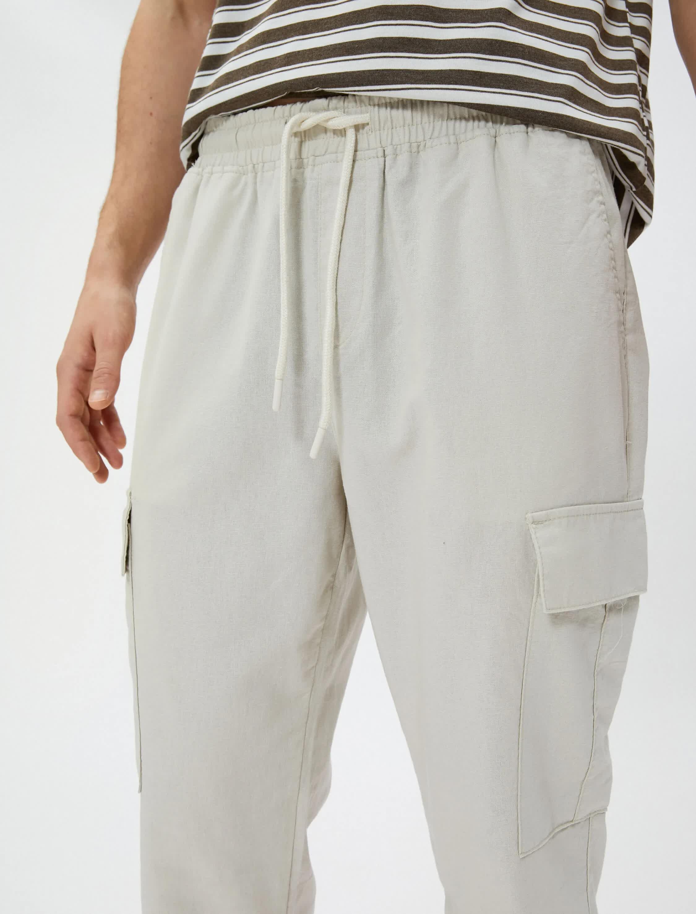 Bej Erkek Keten Karışım Jogger Kargo Pantolon