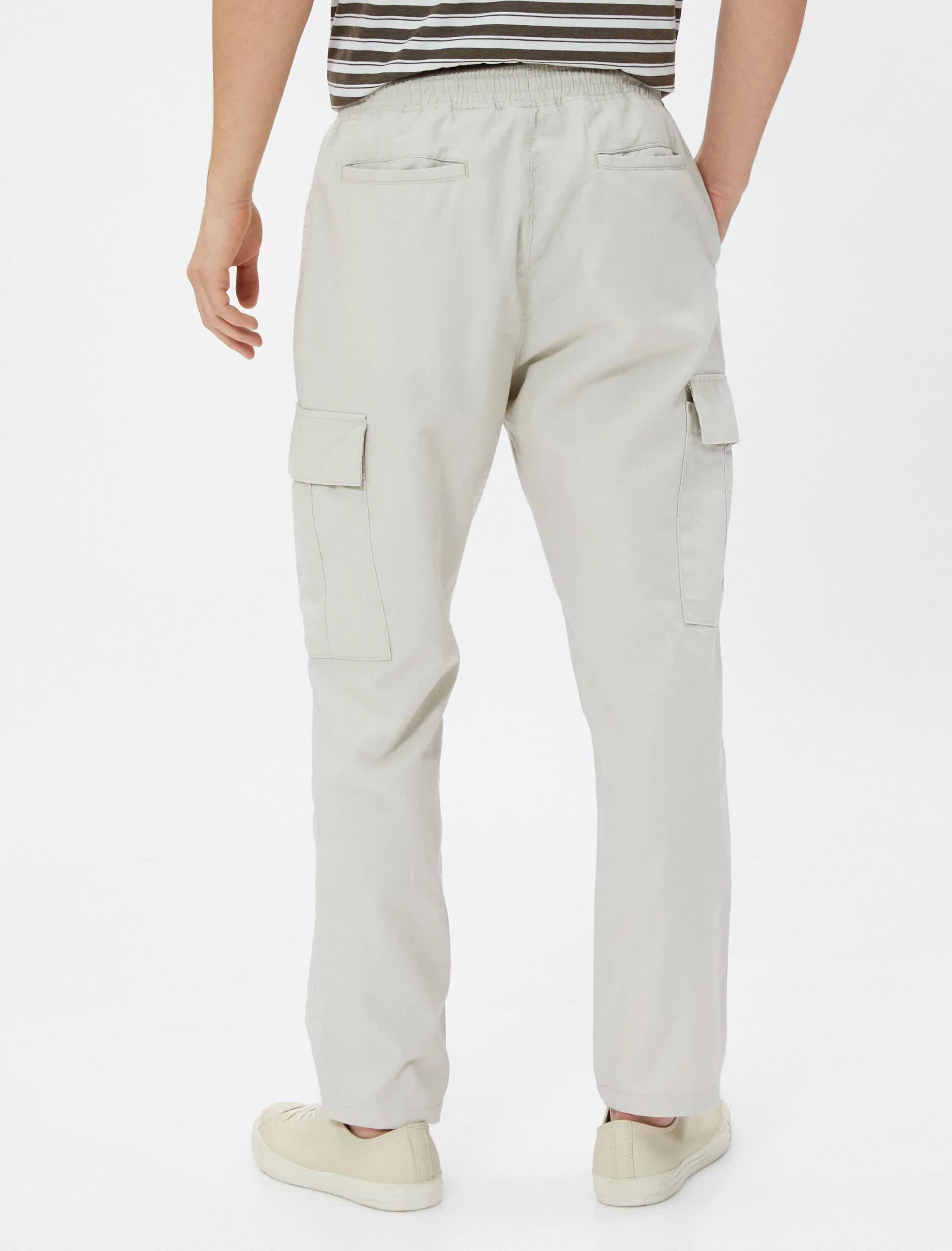 Bej Erkek Keten Karışım Jogger Kargo Pantolon