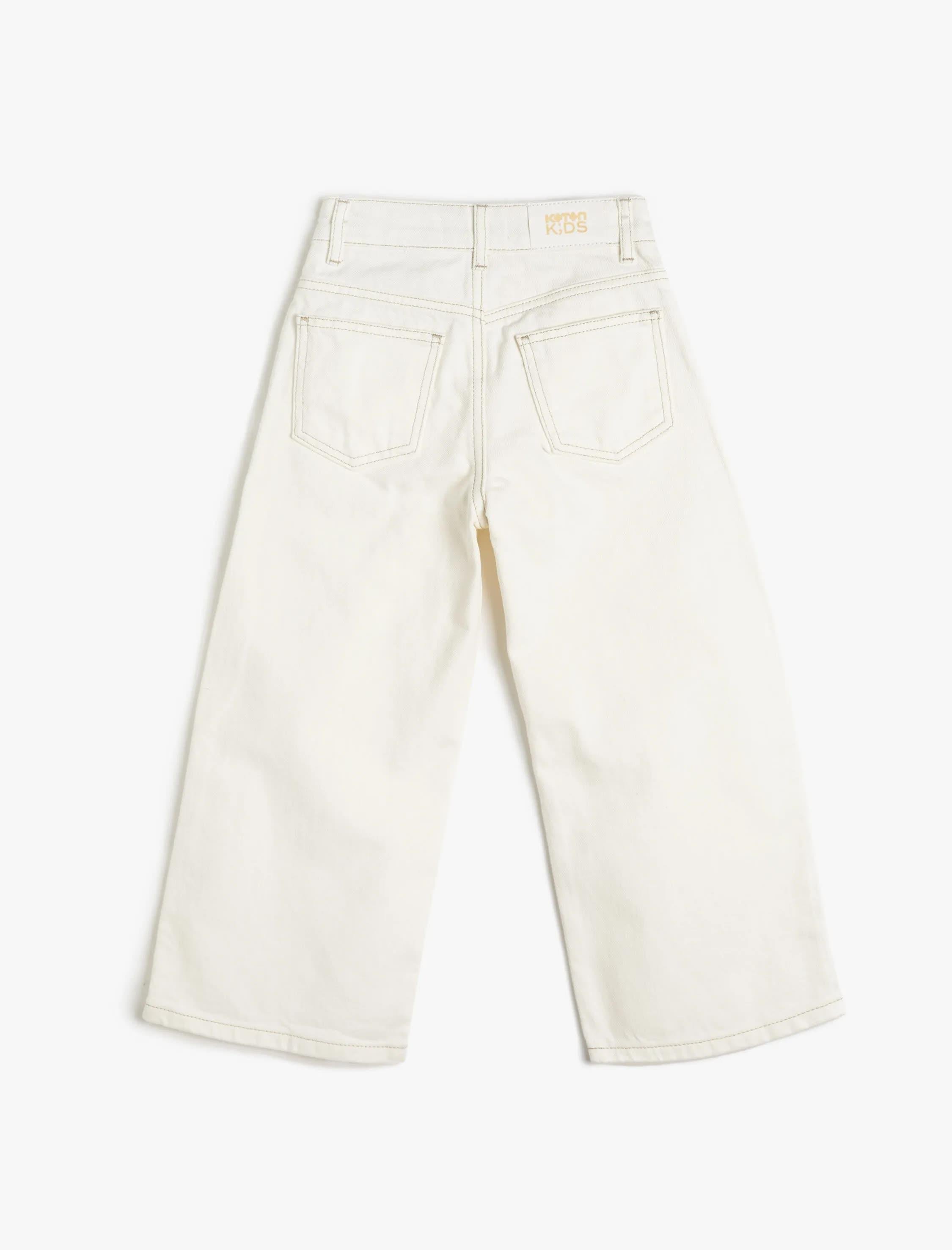 Kız Çocuk Kot Pantolon Düğme Kapamalı Cepli Pamuklu - Wide Leg Jean Beli Ayarlanabilir Lastikli