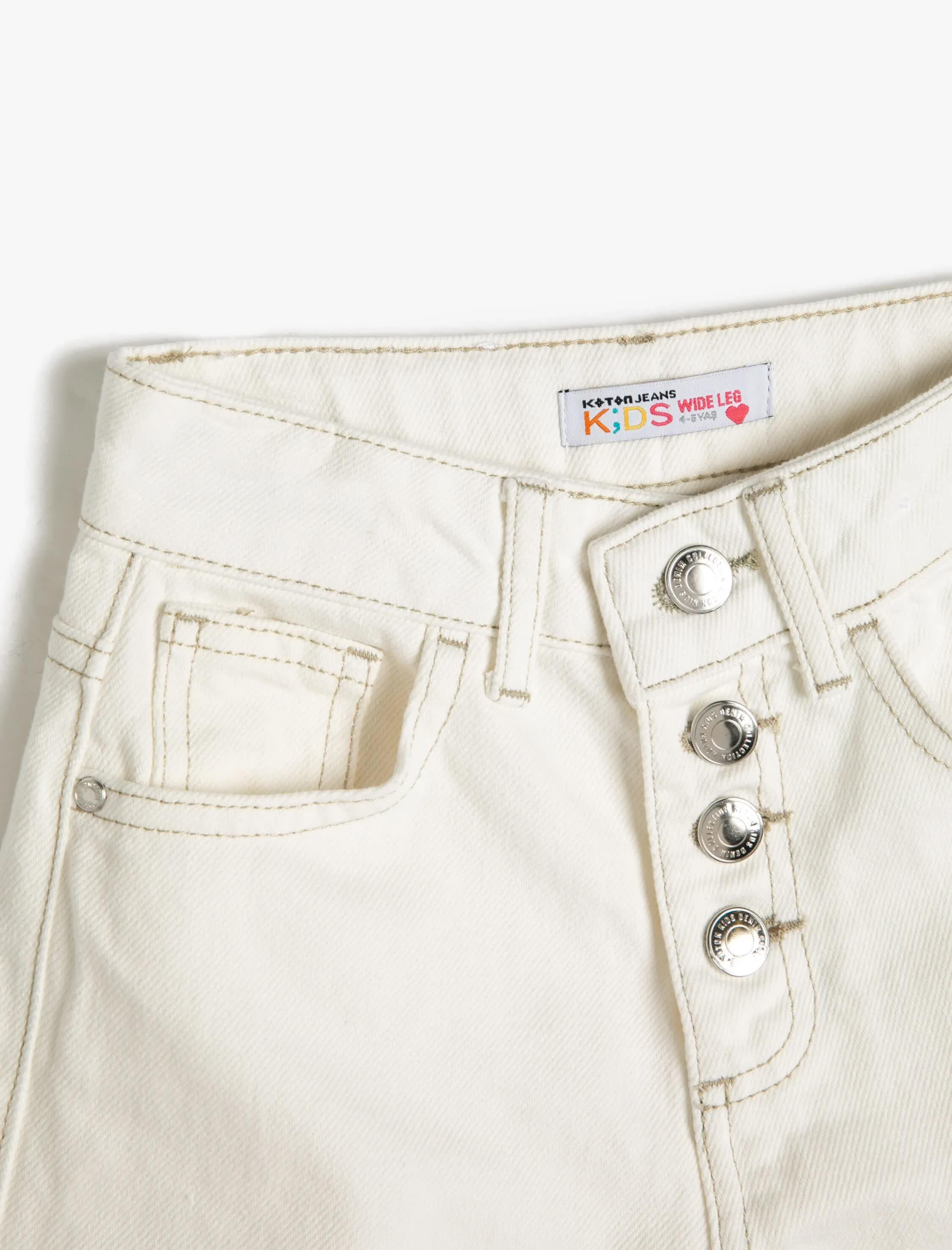 Kız Çocuk Kot Pantolon Düğme Kapamalı Cepli Pamuklu - Wide Leg Jean Beli Ayarlanabilir Lastikli