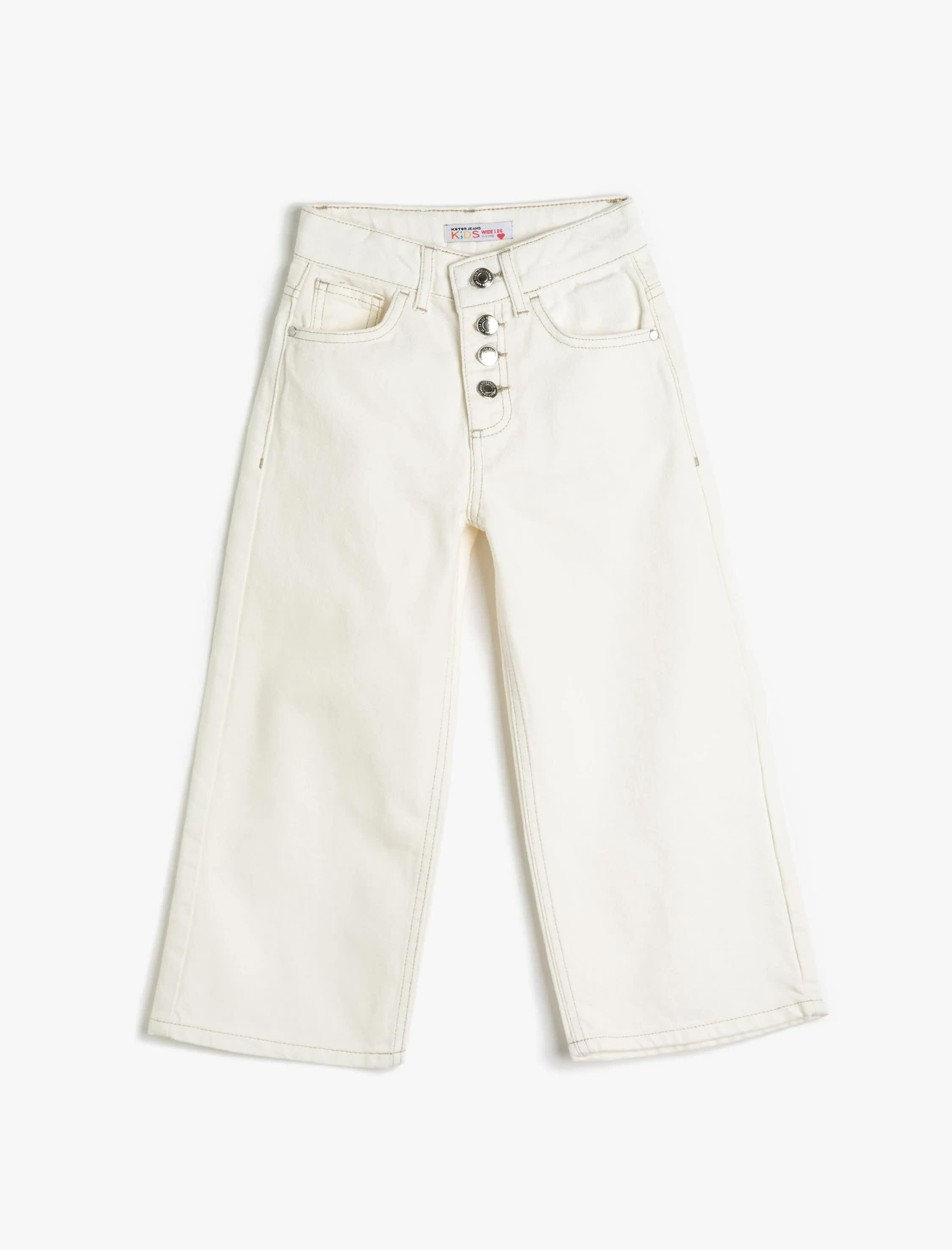 Kız Çocuk Kot Pantolon Düğme Kapamalı Cepli Pamuklu - Wide Leg Jean Beli Ayarlanabilir Lastikli
