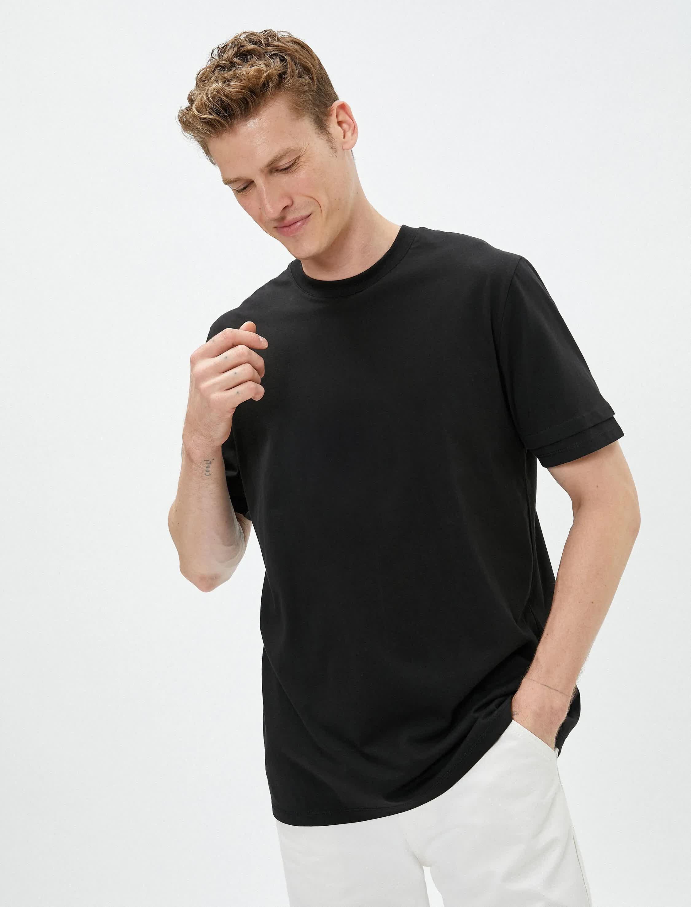 Siyah Erkek Basic Tişört Bisiklet Yaka Çift Kat Kol Detaylı Pamuklu