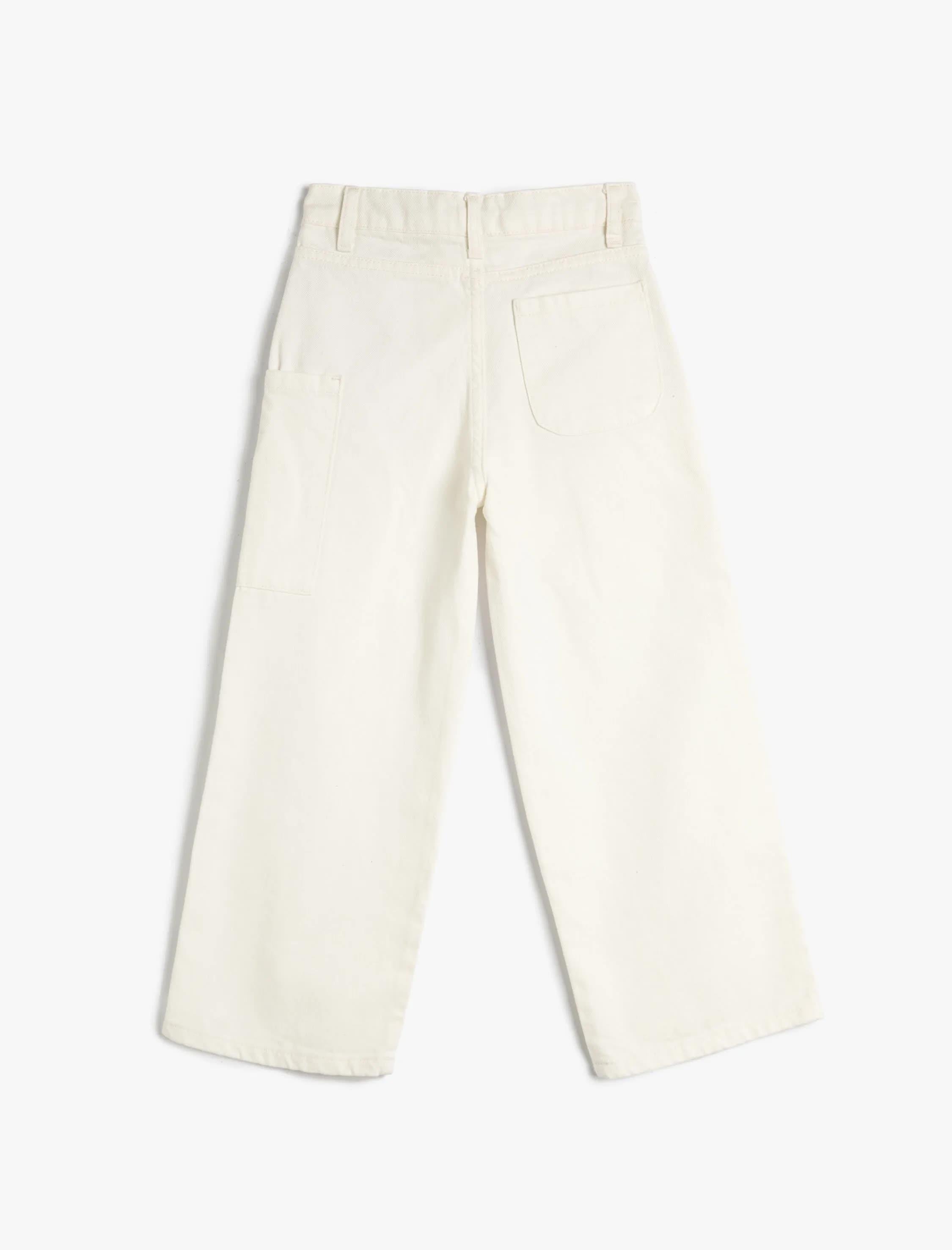 Kız Çocuk Bol Paça Kot Pantolon Önde Cep Detaylı Pamuklu - Crop Wide Leg Jean