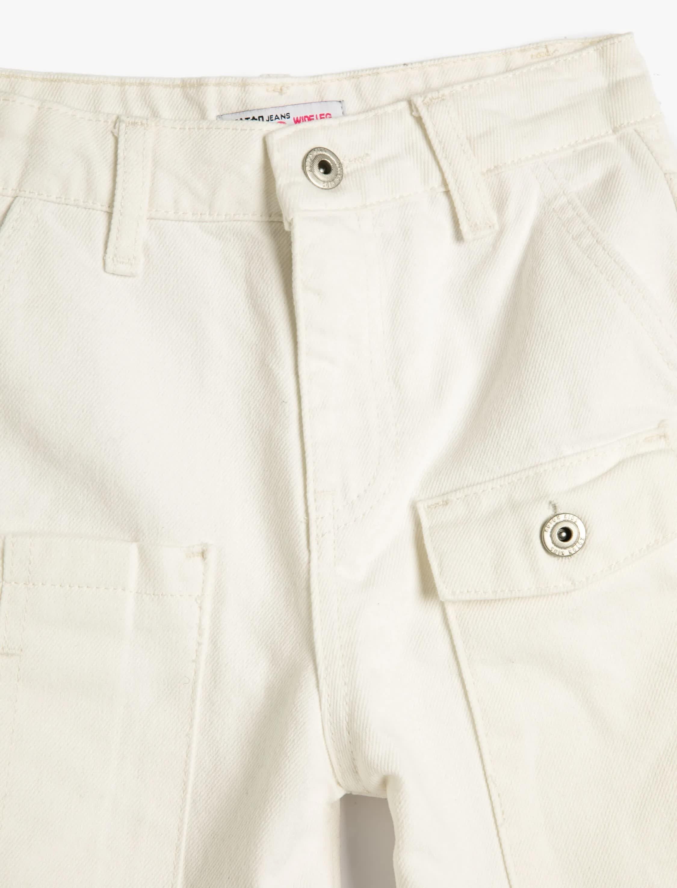 Kız Çocuk Bol Paça Kot Pantolon Önde Cep Detaylı Pamuklu - Crop Wide Leg Jean