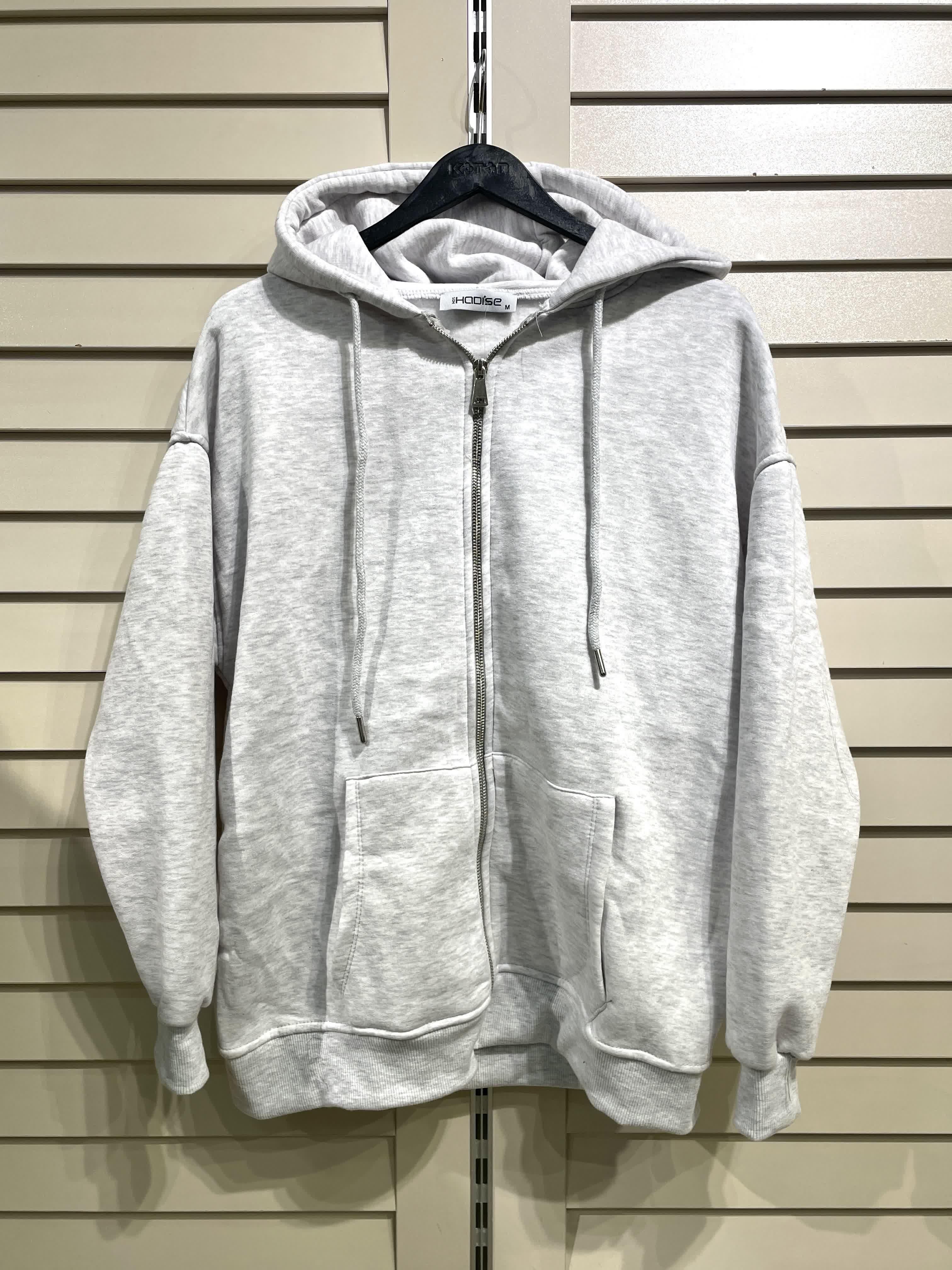 Gri Kadın Fermuarlı Kapüşonlu Sweatshirt