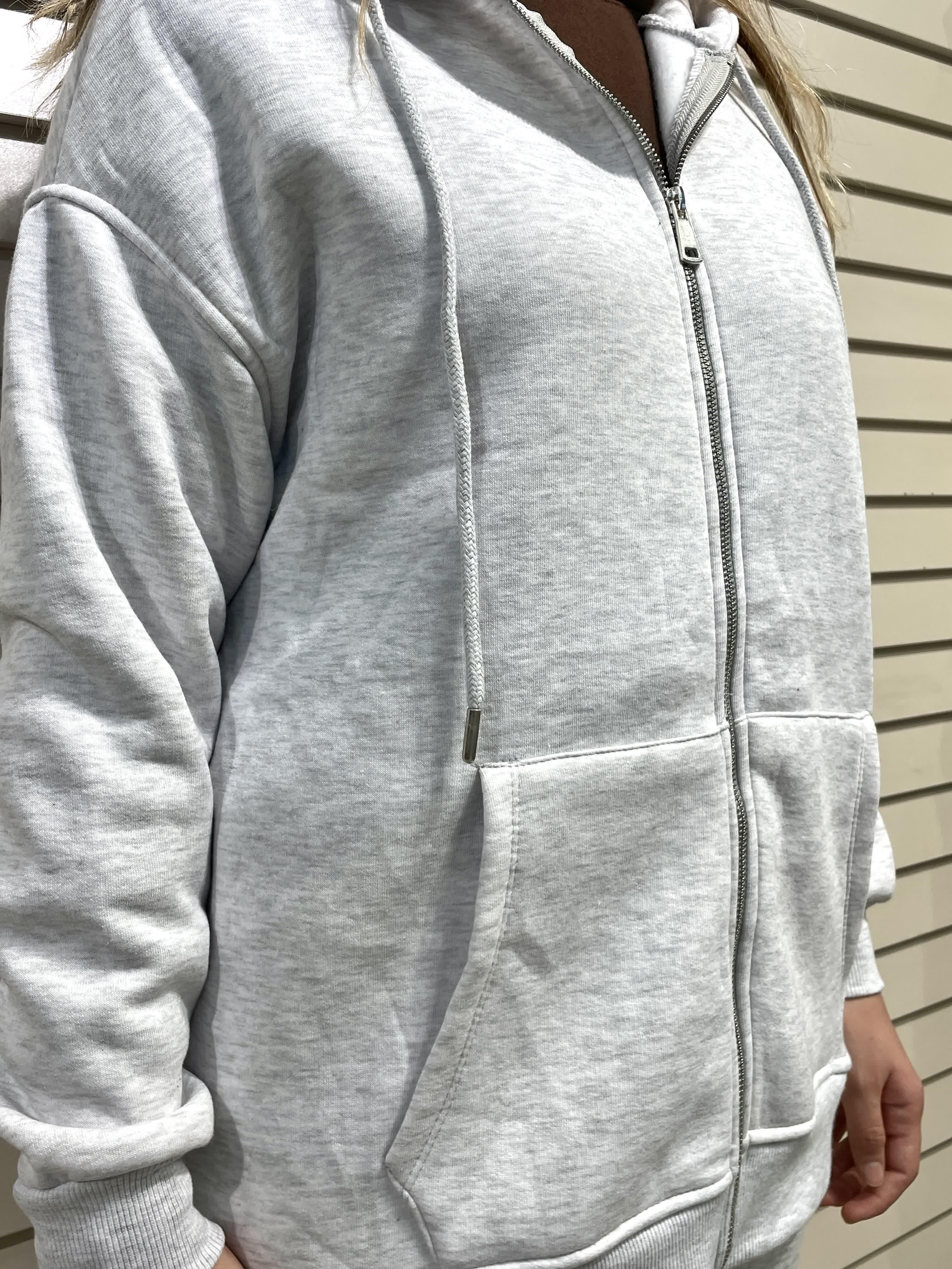 Gri Kadın Fermuarlı Kapüşonlu Sweatshirt