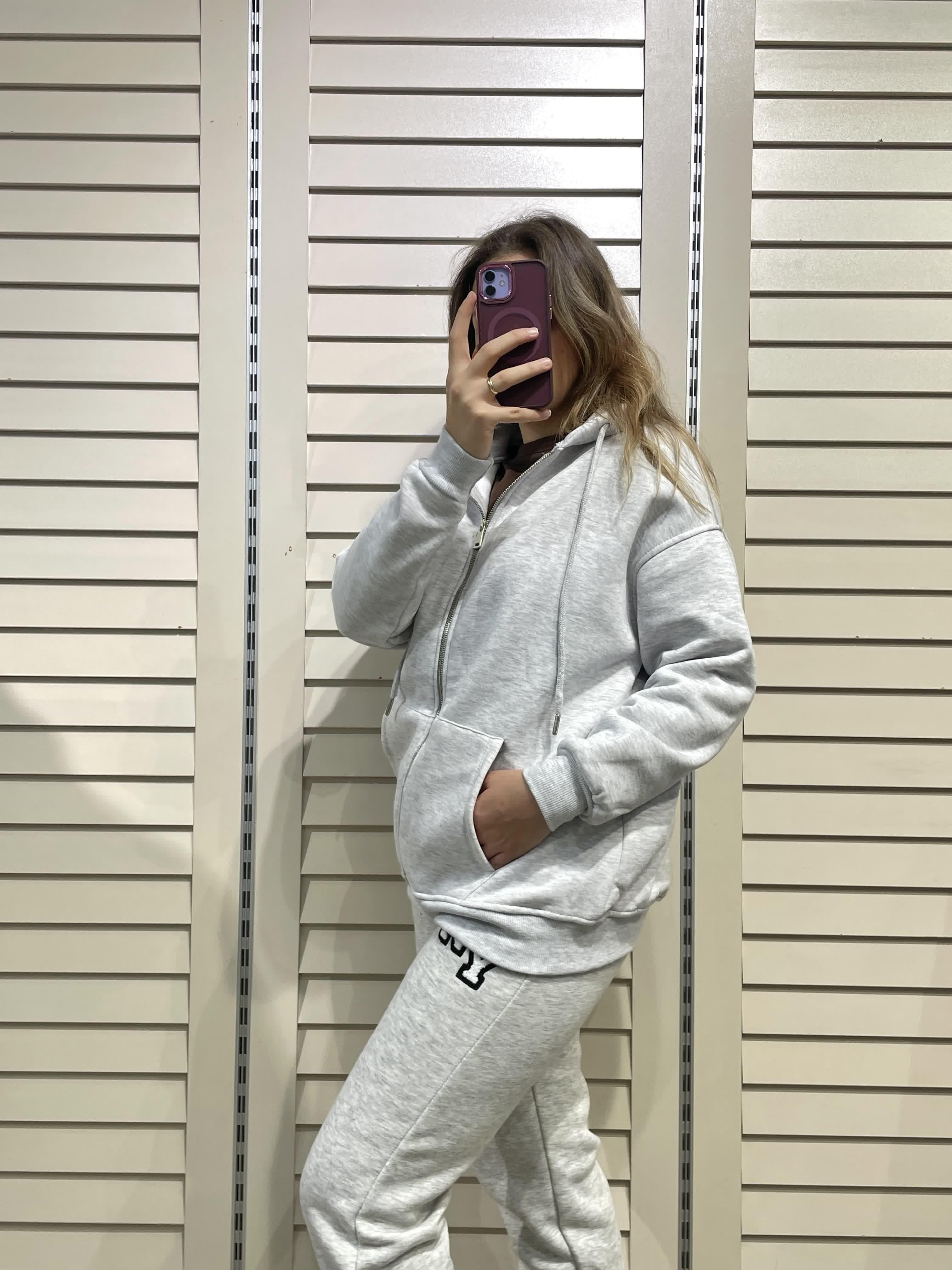 Gri Kadın Fermuarlı Kapüşonlu Sweatshirt