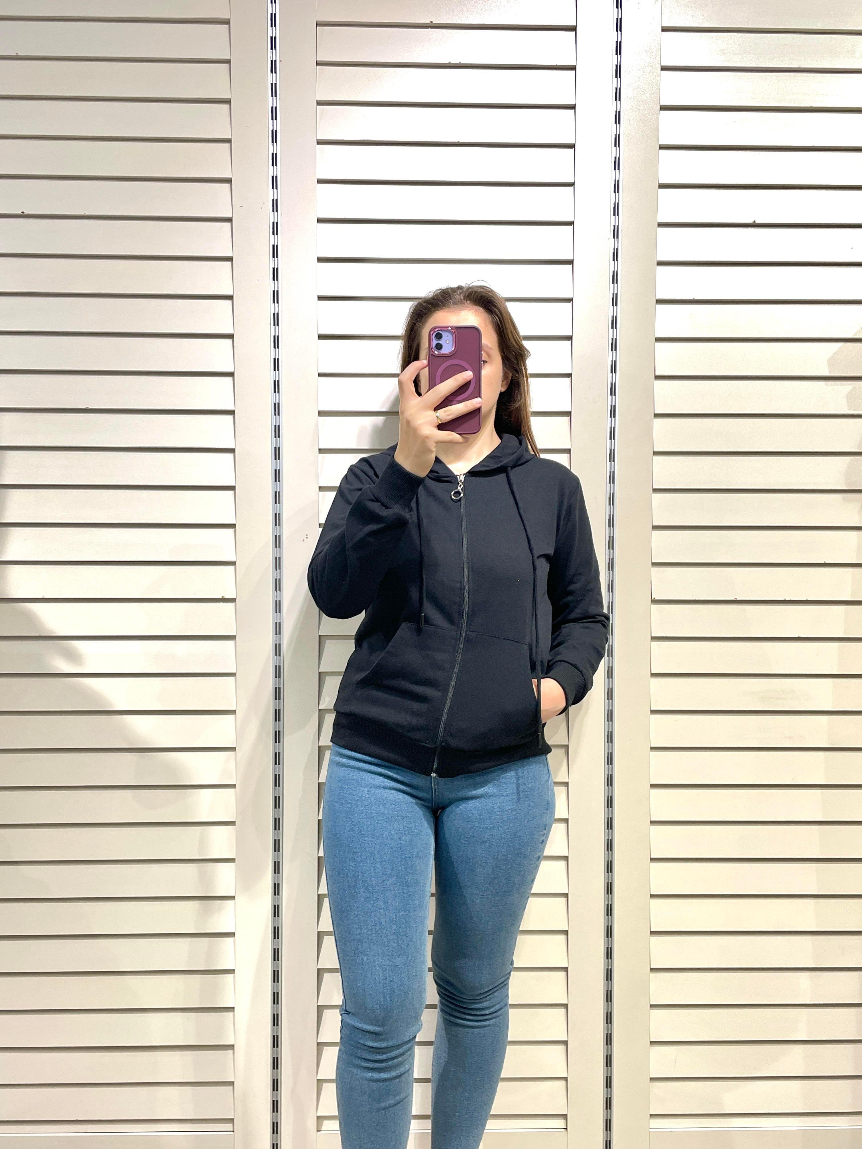 Siyah Kadın Fermuarlı Kapşonlu Sweatshirt