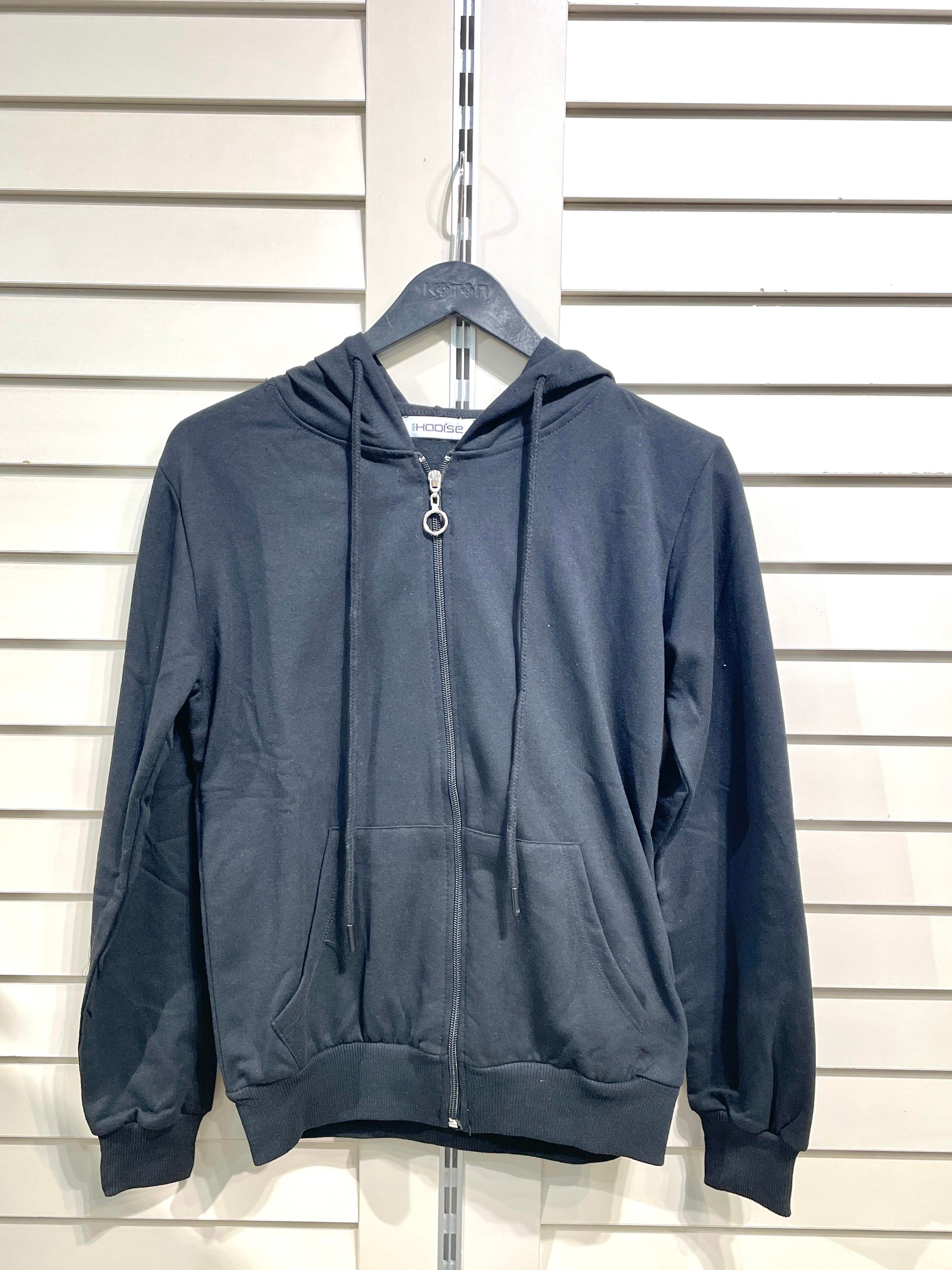 Siyah Kadın Fermuarlı Kapşonlu Sweatshirt