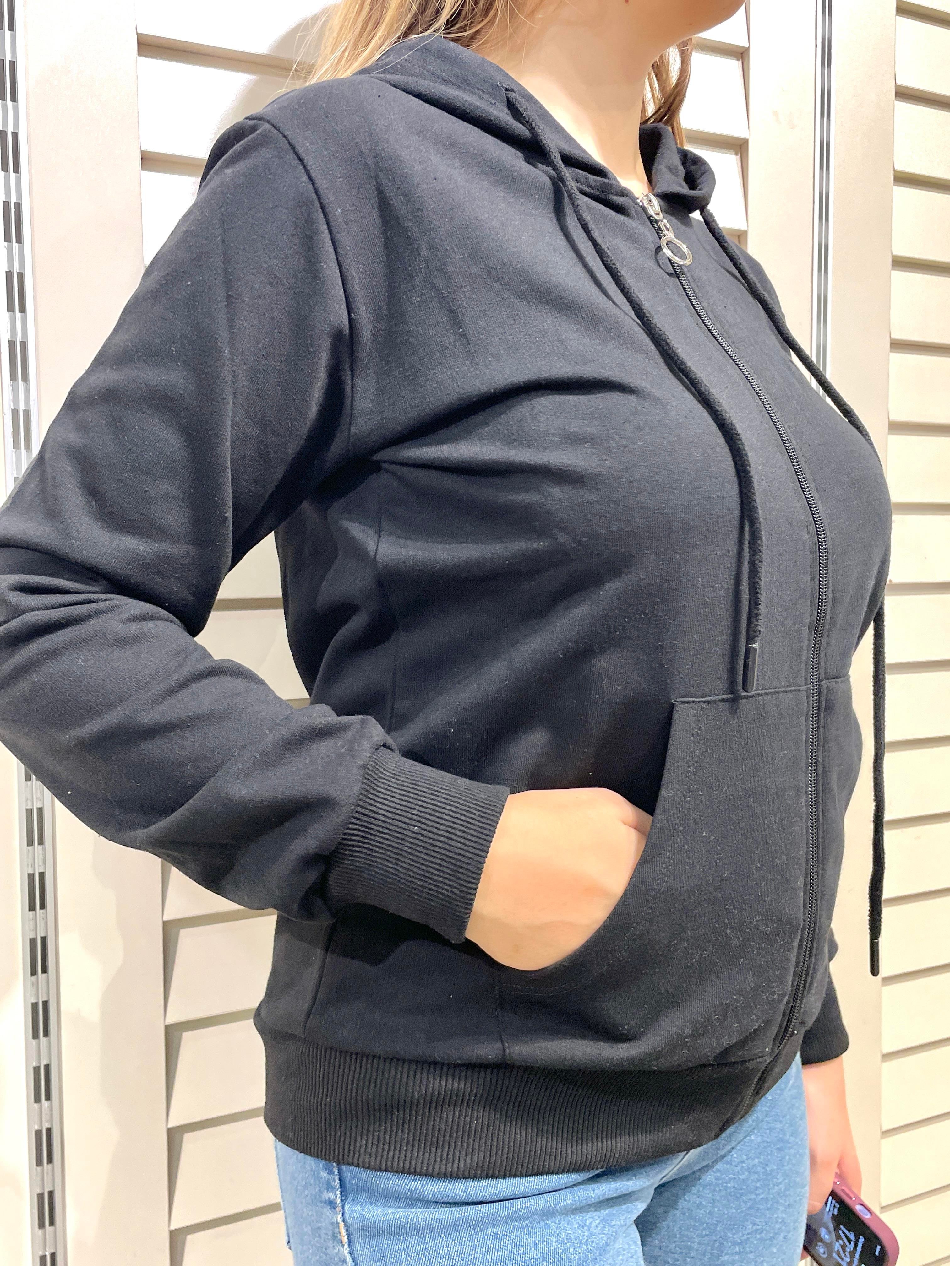 Siyah Kadın Fermuarlı Kapşonlu Sweatshirt