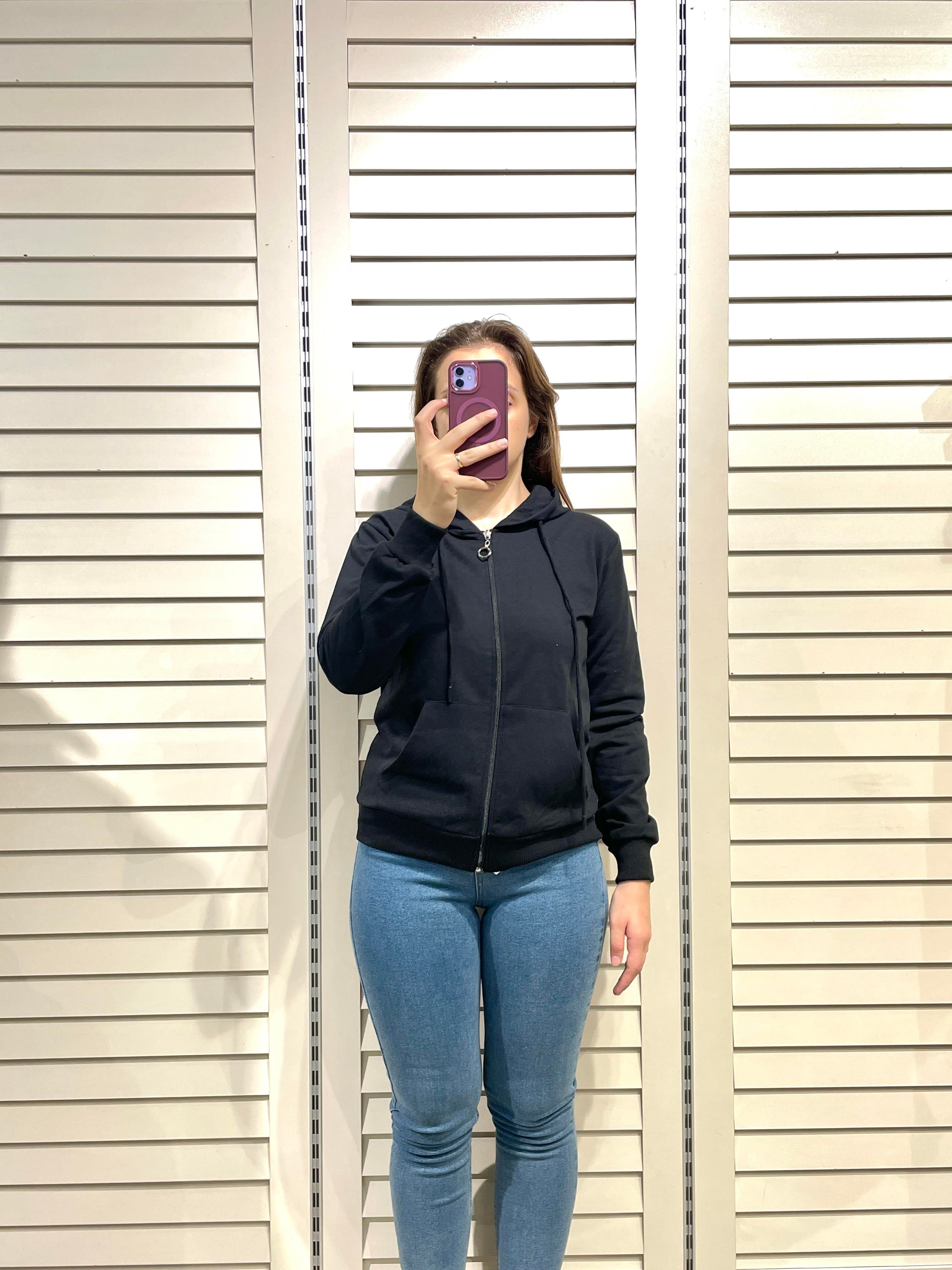 Siyah Kadın Fermuarlı Kapşonlu Sweatshirt