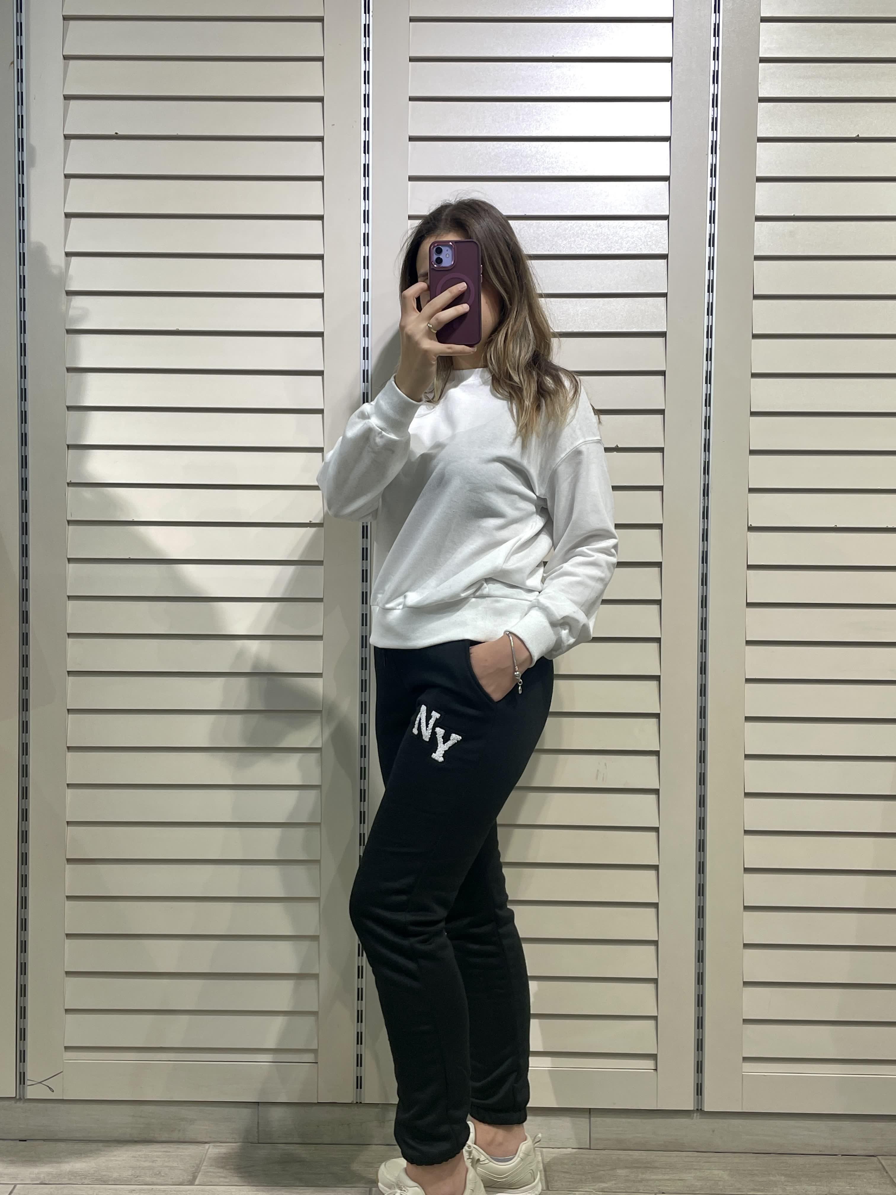 Beyaz Kadın Bisiklet Yaka İki İplik Sweatshirt