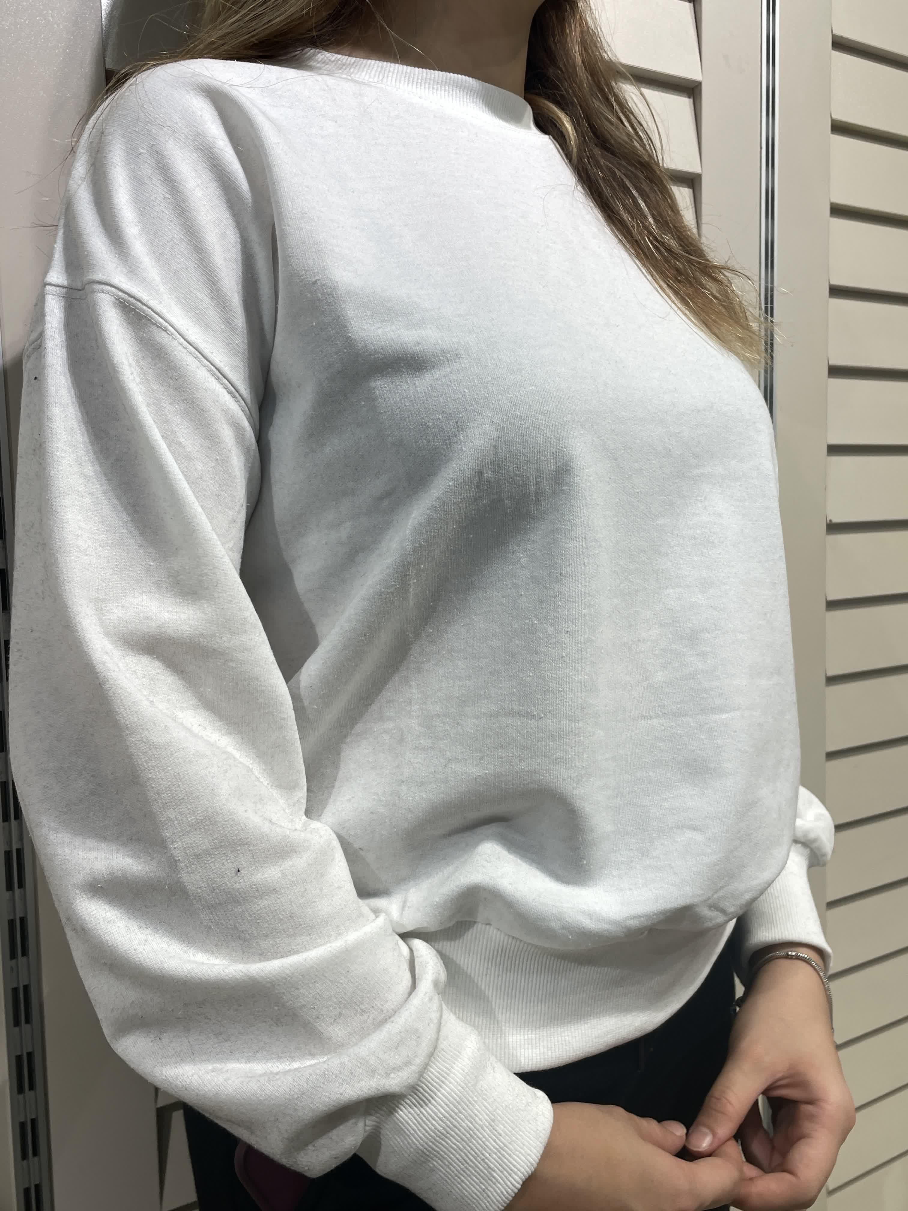 Beyaz Kadın Bisiklet Yaka İki İplik Sweatshirt