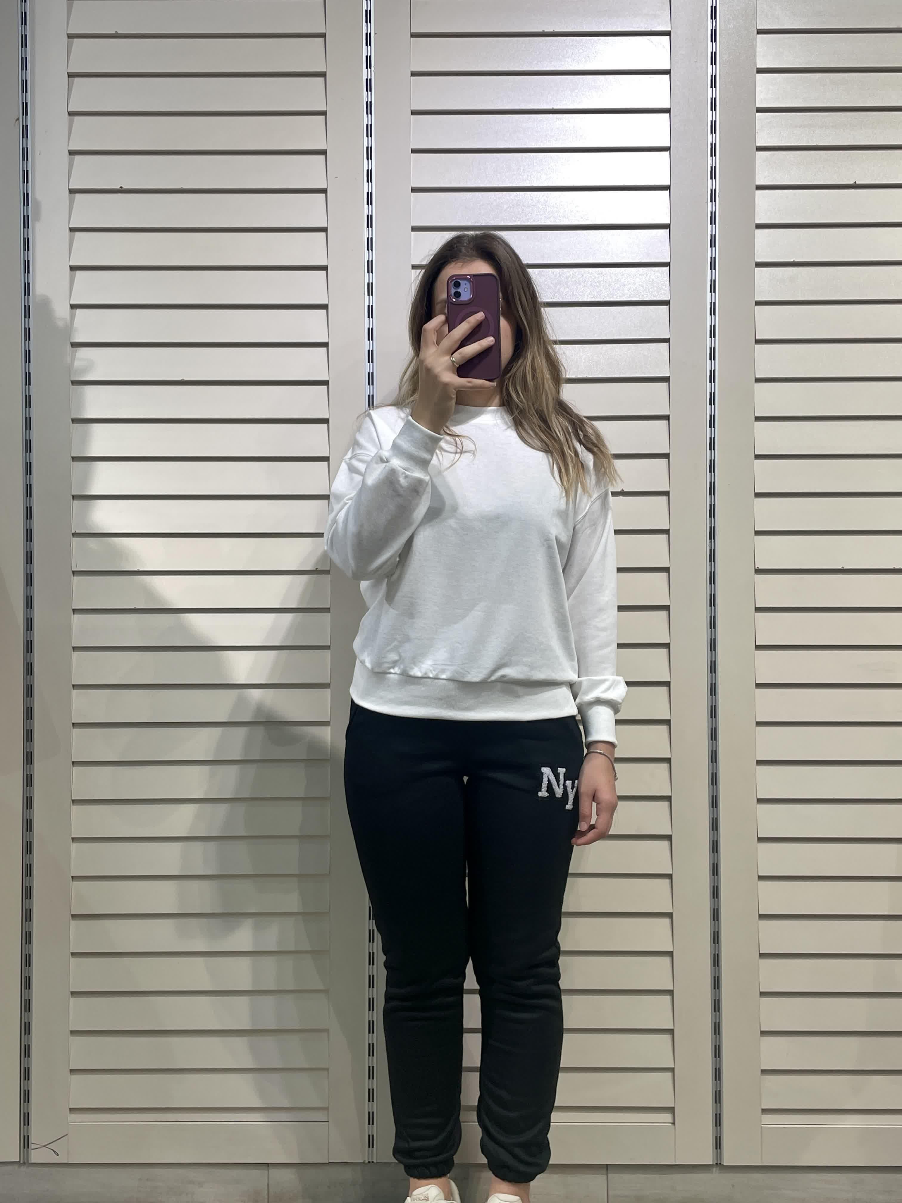 Beyaz Kadın Bisiklet Yaka İki İplik Sweatshirt