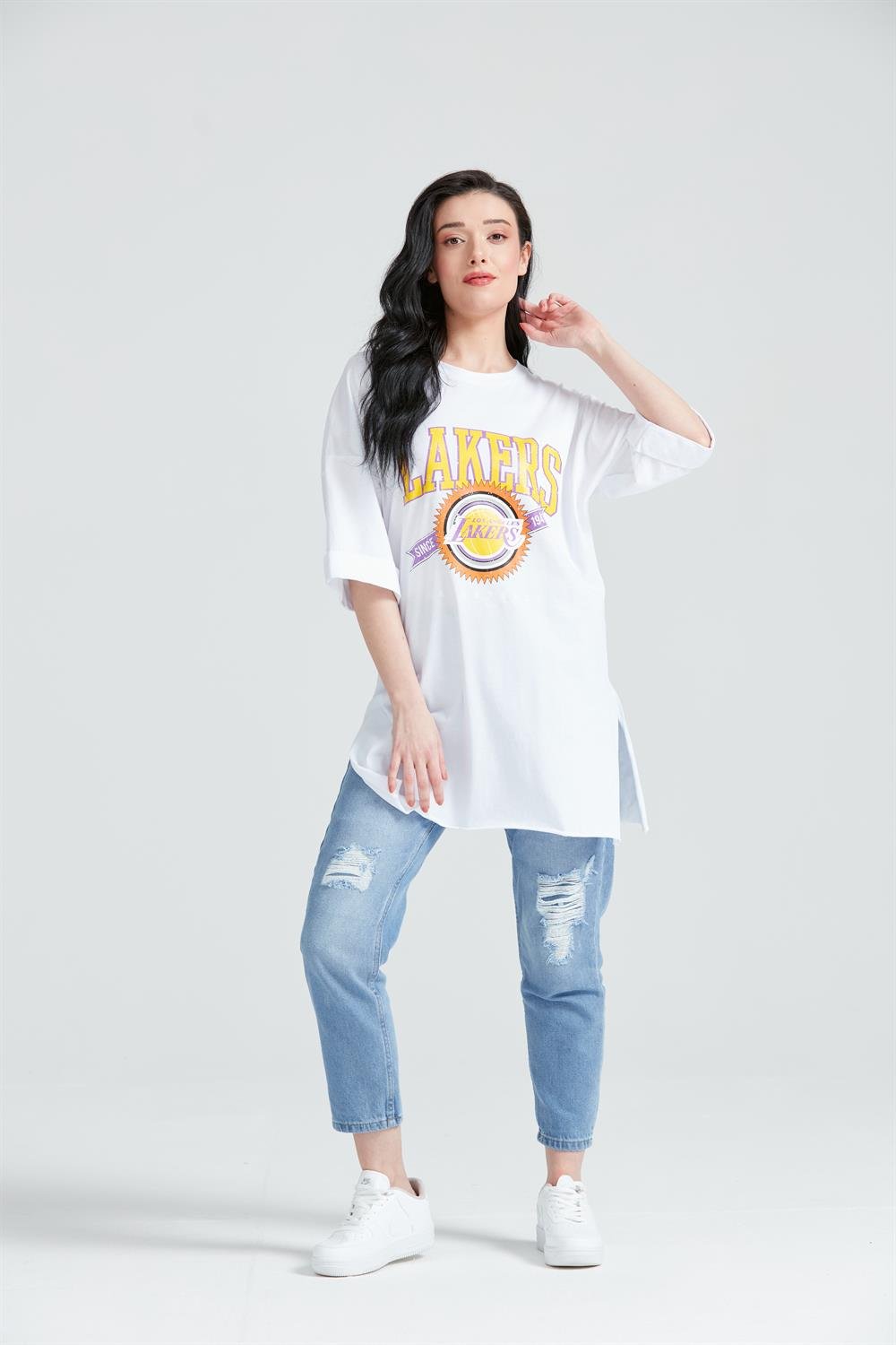 Kadın Baskılı Uzun T-Shirt Beyaz