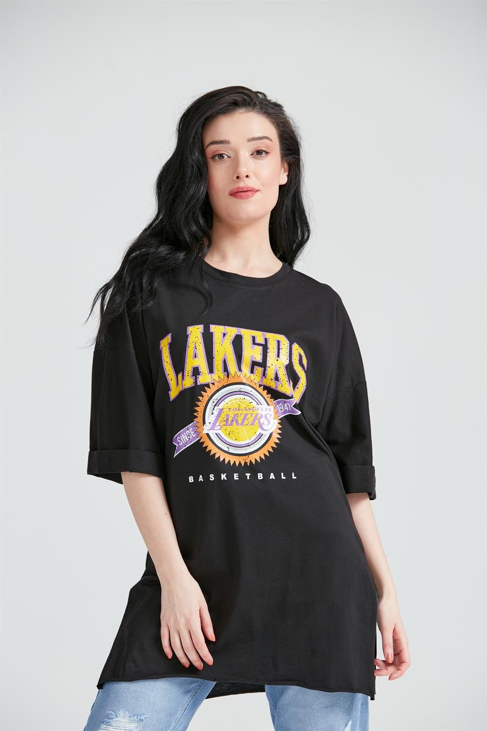 Kadın Baskılı Uzun T-Shirt Siyah