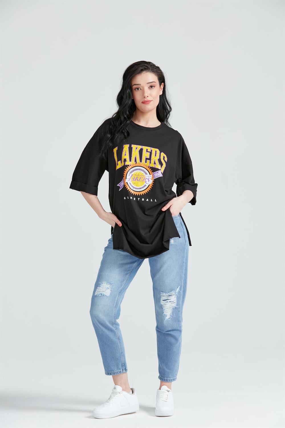 Kadın Baskılı Uzun T-Shirt Siyah