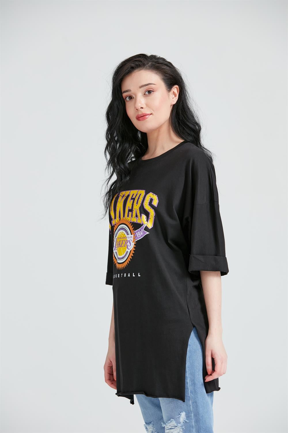 Kadın Baskılı Uzun T-Shirt Siyah