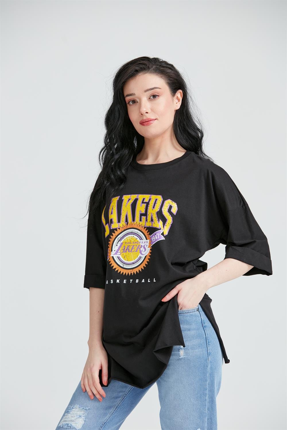 Kadın Baskılı Uzun T-Shirt Siyah