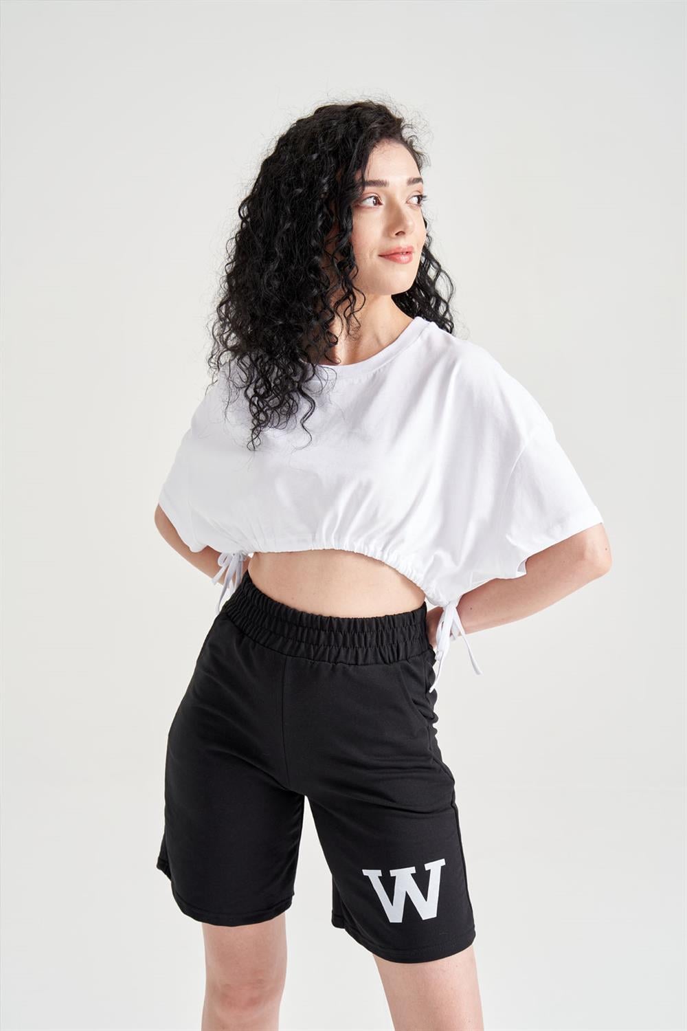 Kadın Beli Büzgülü Crop T-shirt Beyaz