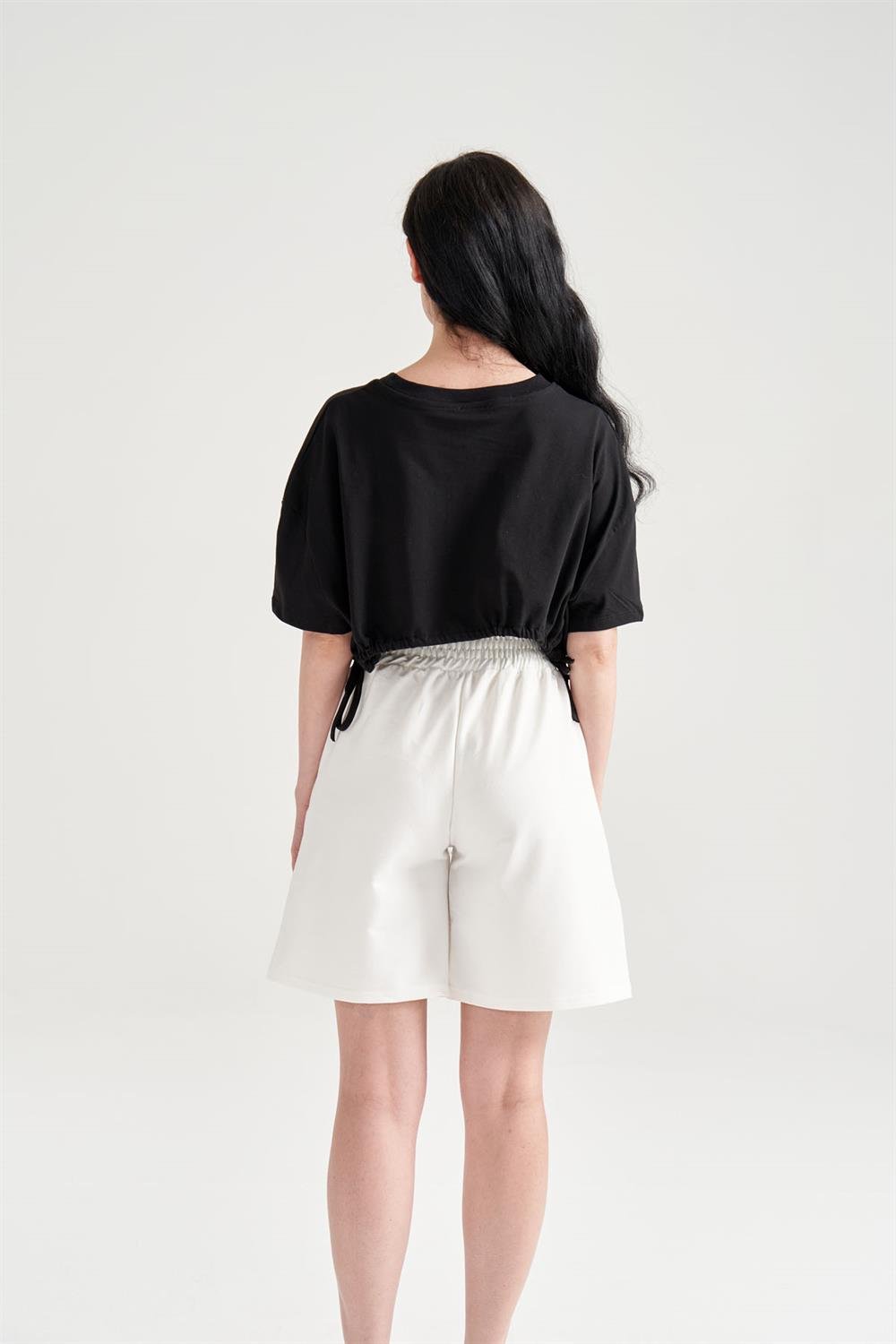 Kadın Beli Büzgülü Crop T-shirt Siyah