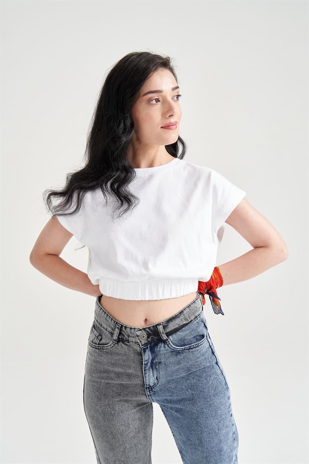 Kadın Beli Lastikli Basic T-Shirt Beyaz