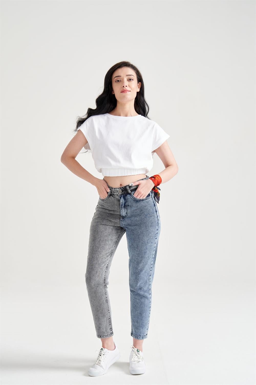 Kadın Beli Lastikli Basic T-Shirt Beyaz