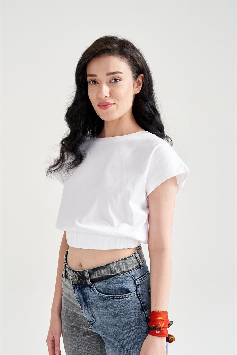 Kadın Beli Lastikli Basic T-Shirt Beyaz