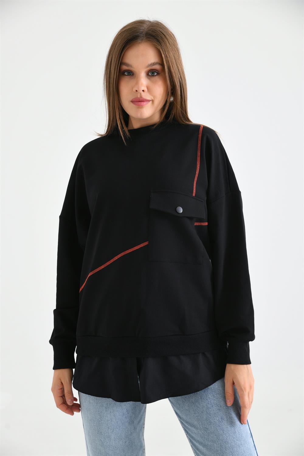 Kadın Cep Detay Sweatshirt SİYAH
