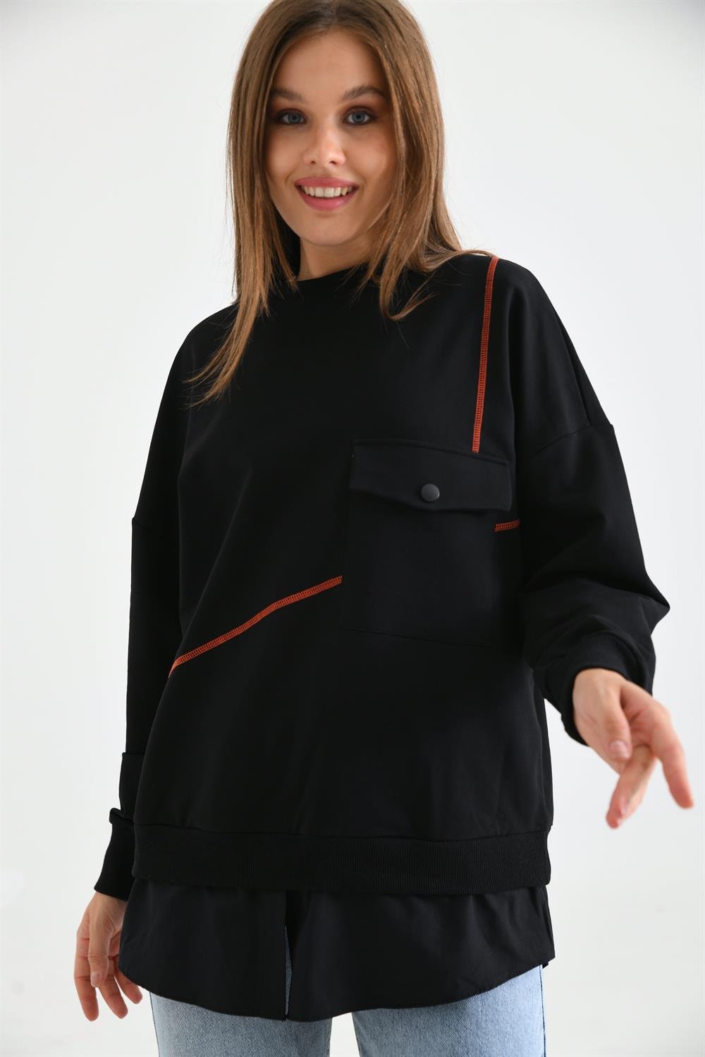 Kadın Cep Detay Sweatshirt SİYAH