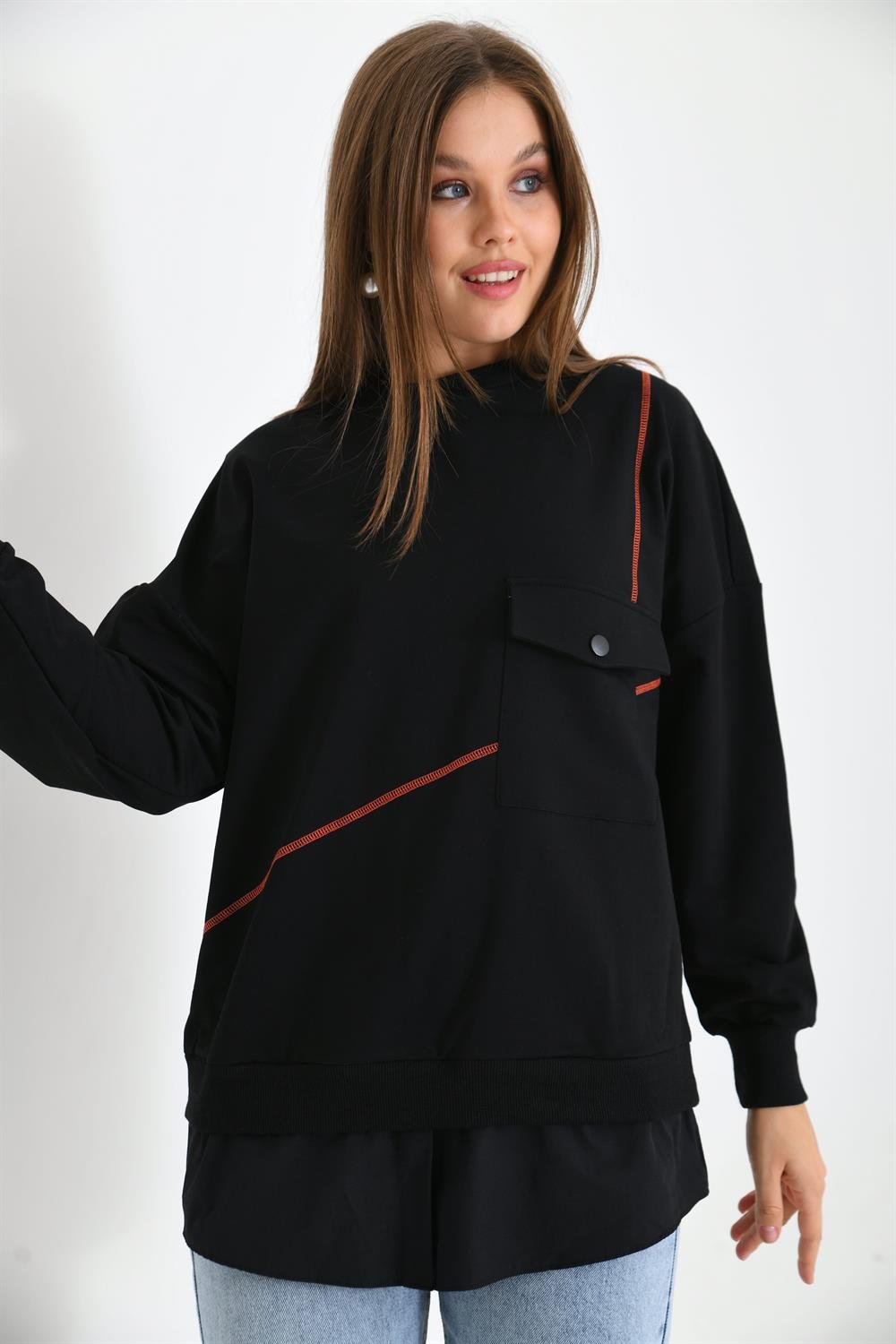 Kadın Cep Detay Sweatshirt SİYAH