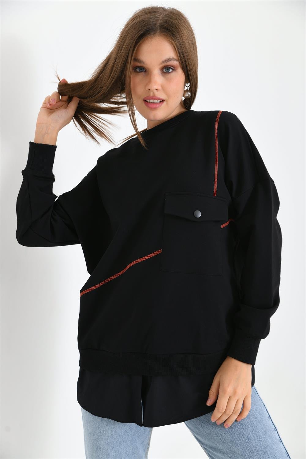 Kadın Cep Detay Sweatshirt SİYAH