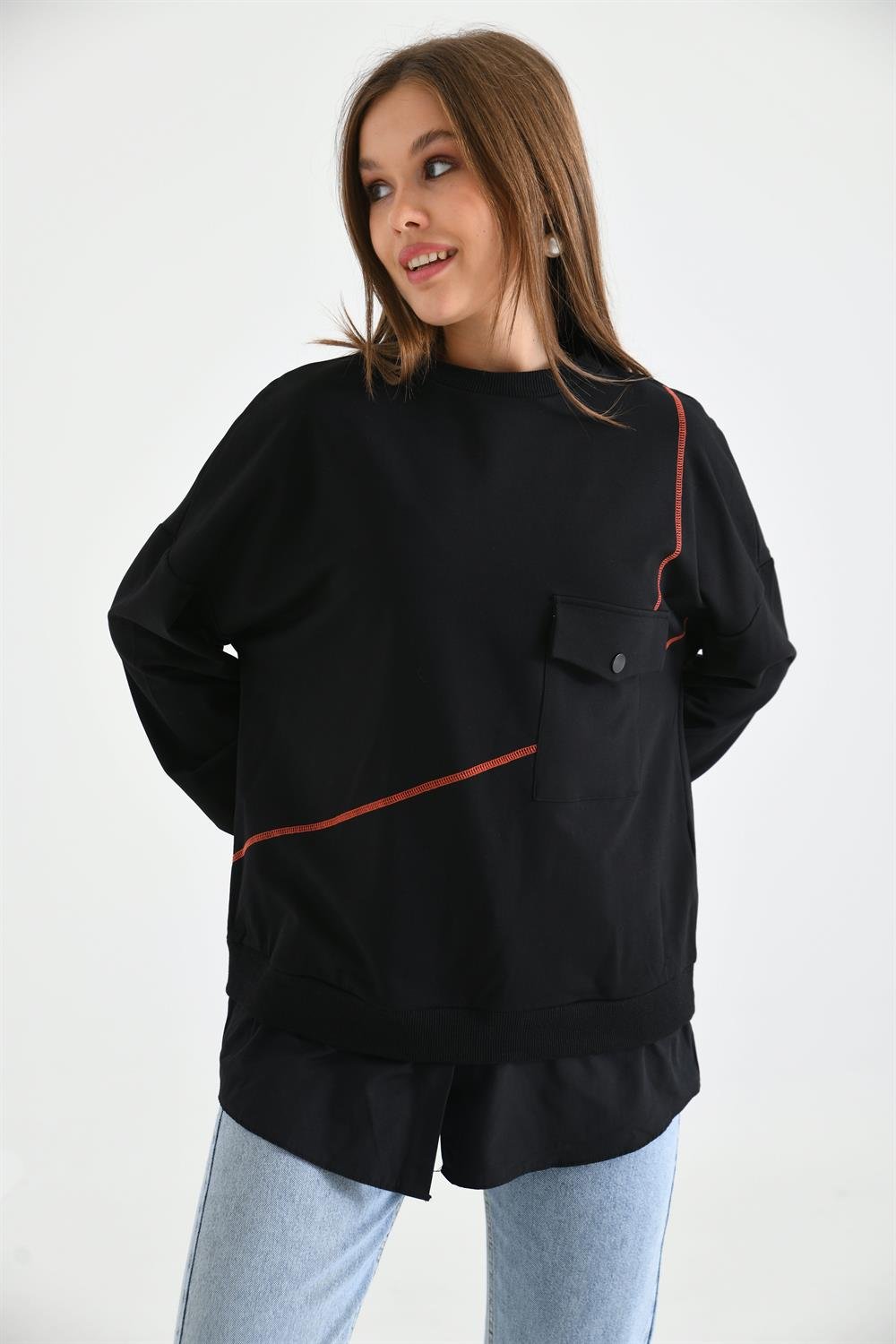 Kadın Cep Detay Sweatshirt SİYAH