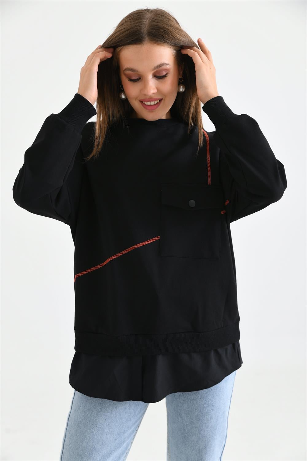 Kadın Cep Detay Sweatshirt SİYAH